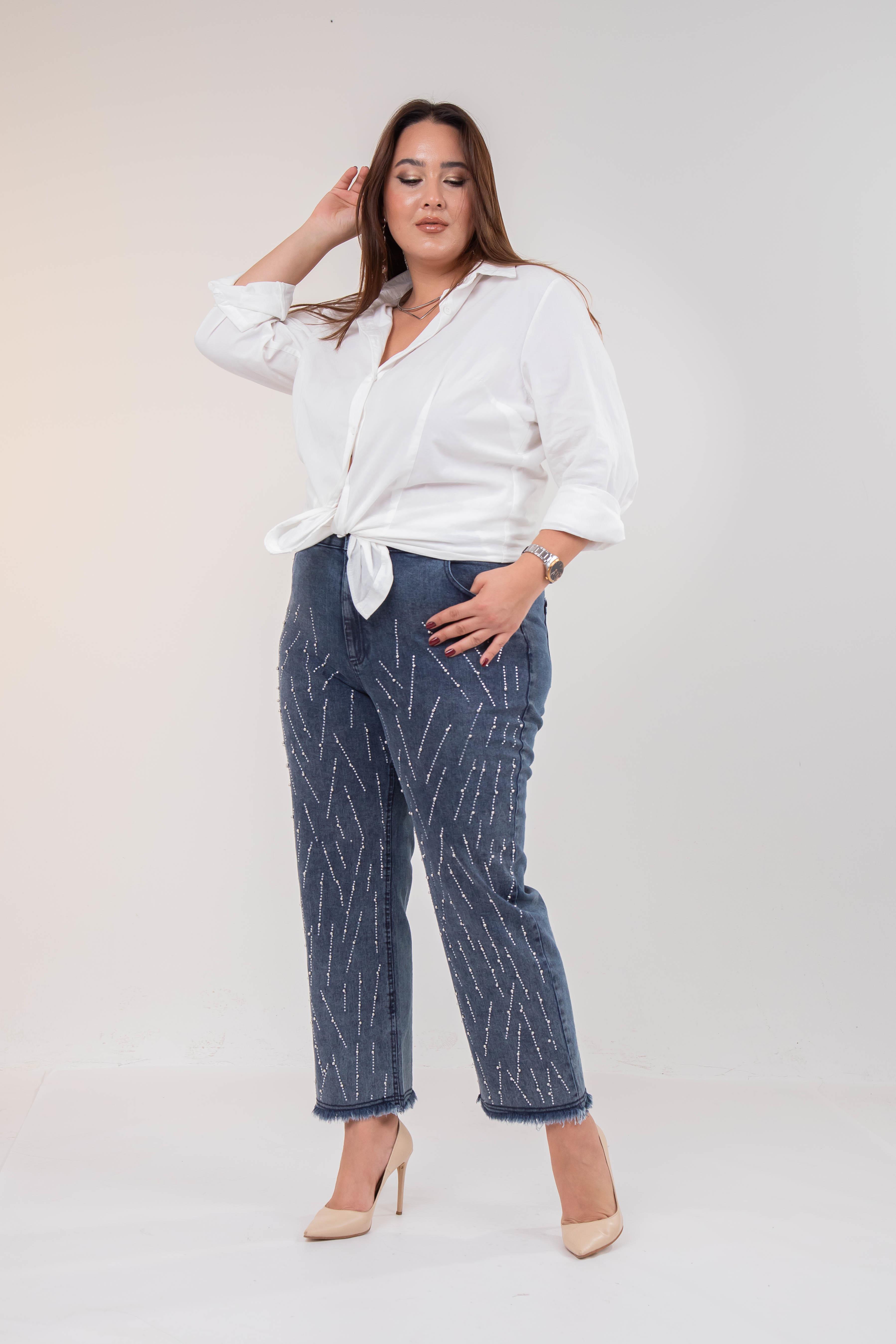 Büyük Beden 121952 Taş Detaylı Denim Pantolon  Buz Mavi