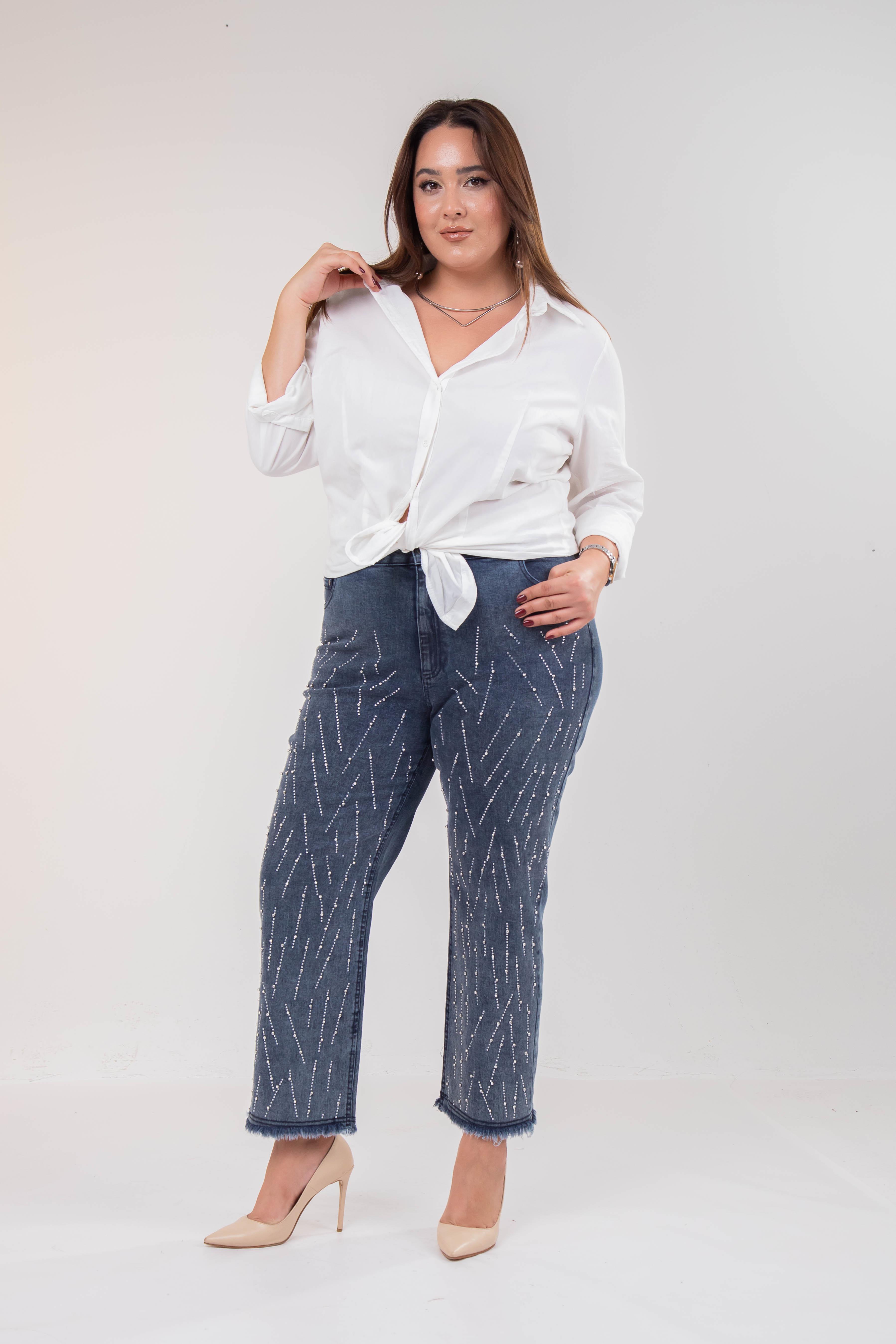 Büyük Beden 121952 Taş Detaylı Denim Pantolon  Buz Mavi