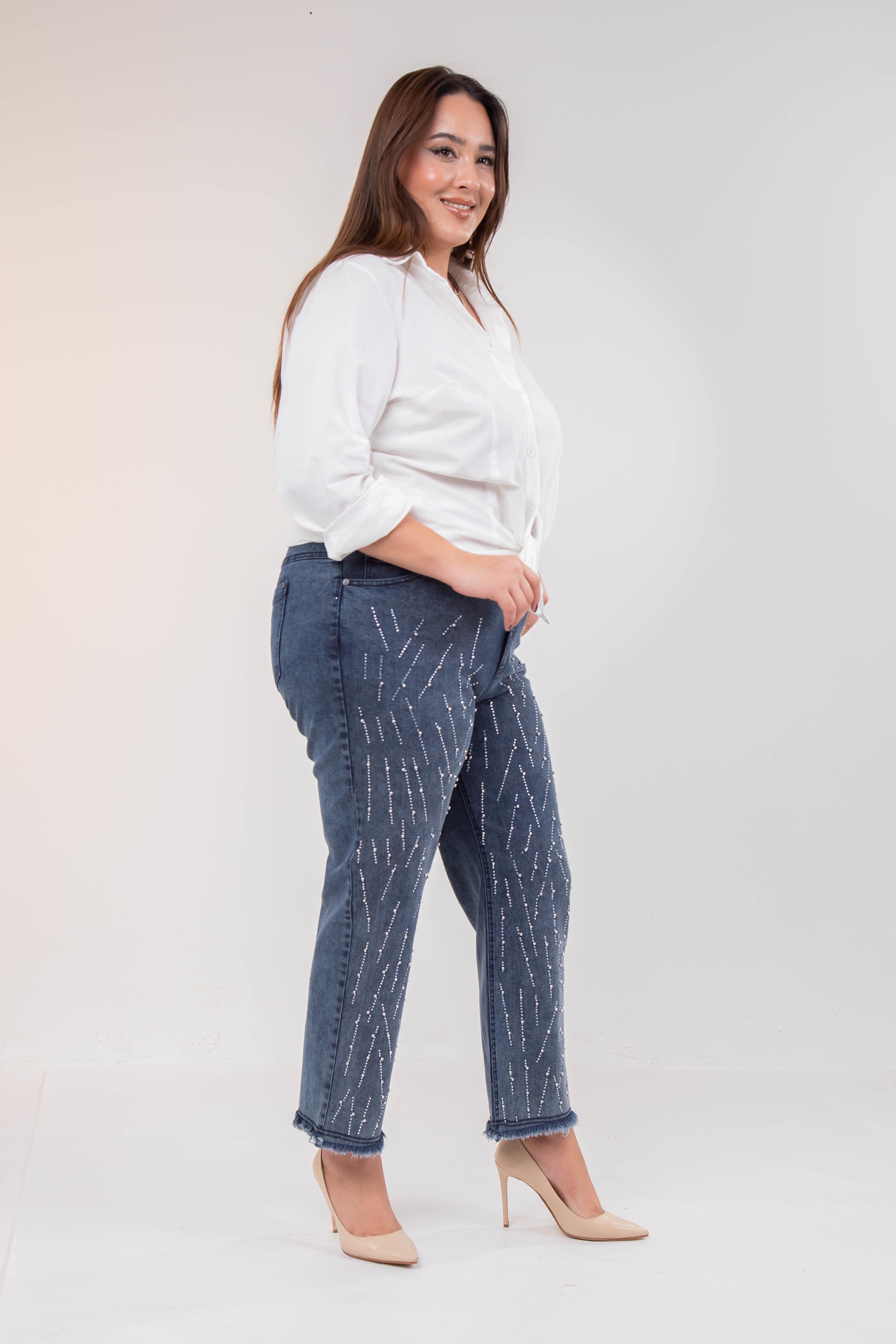 Büyük Beden 121952 Taş Detaylı Denim Pantolon  Buz Mavi