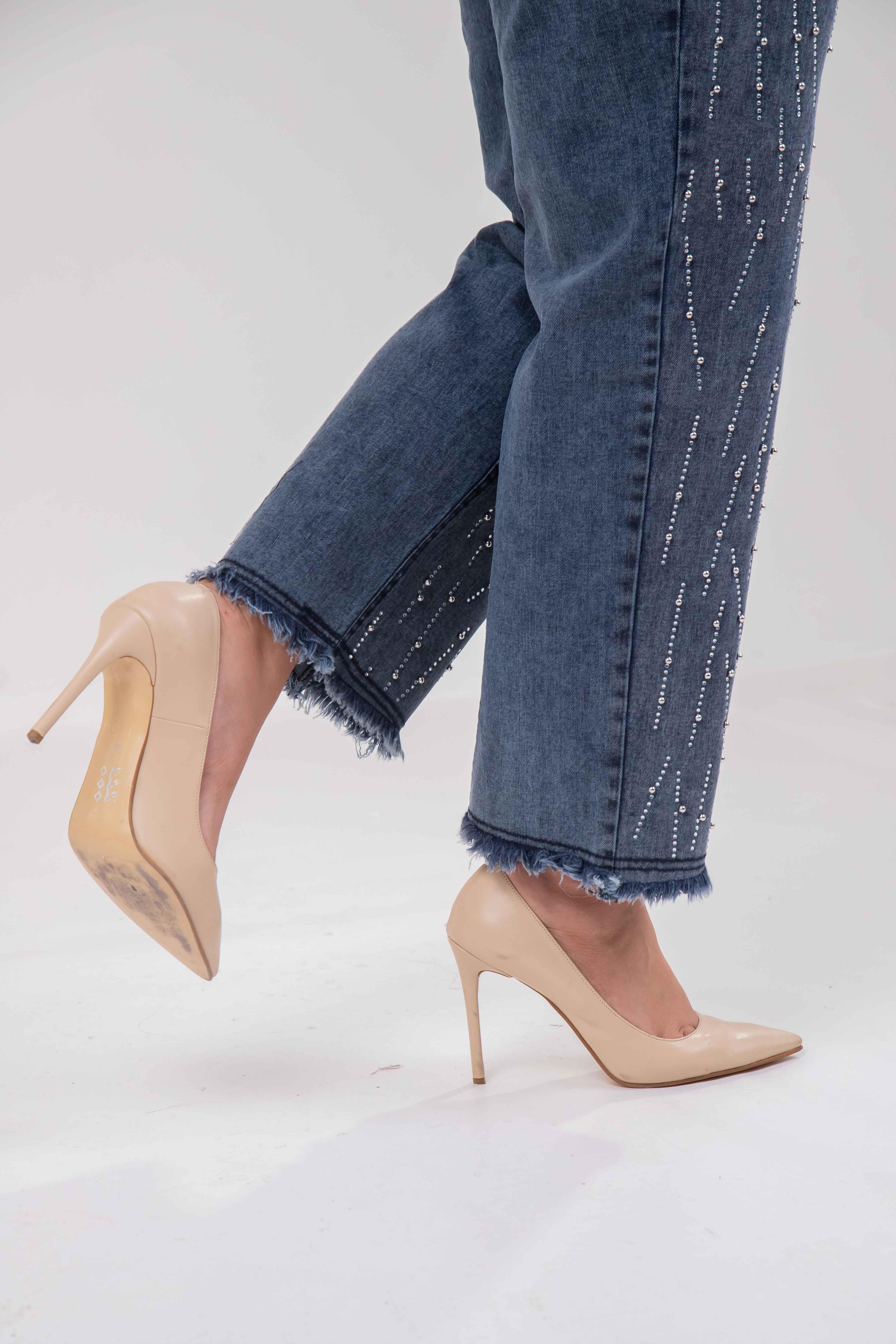 Büyük Beden 121952 Taş Detaylı Denim Pantolon  Buz Mavi