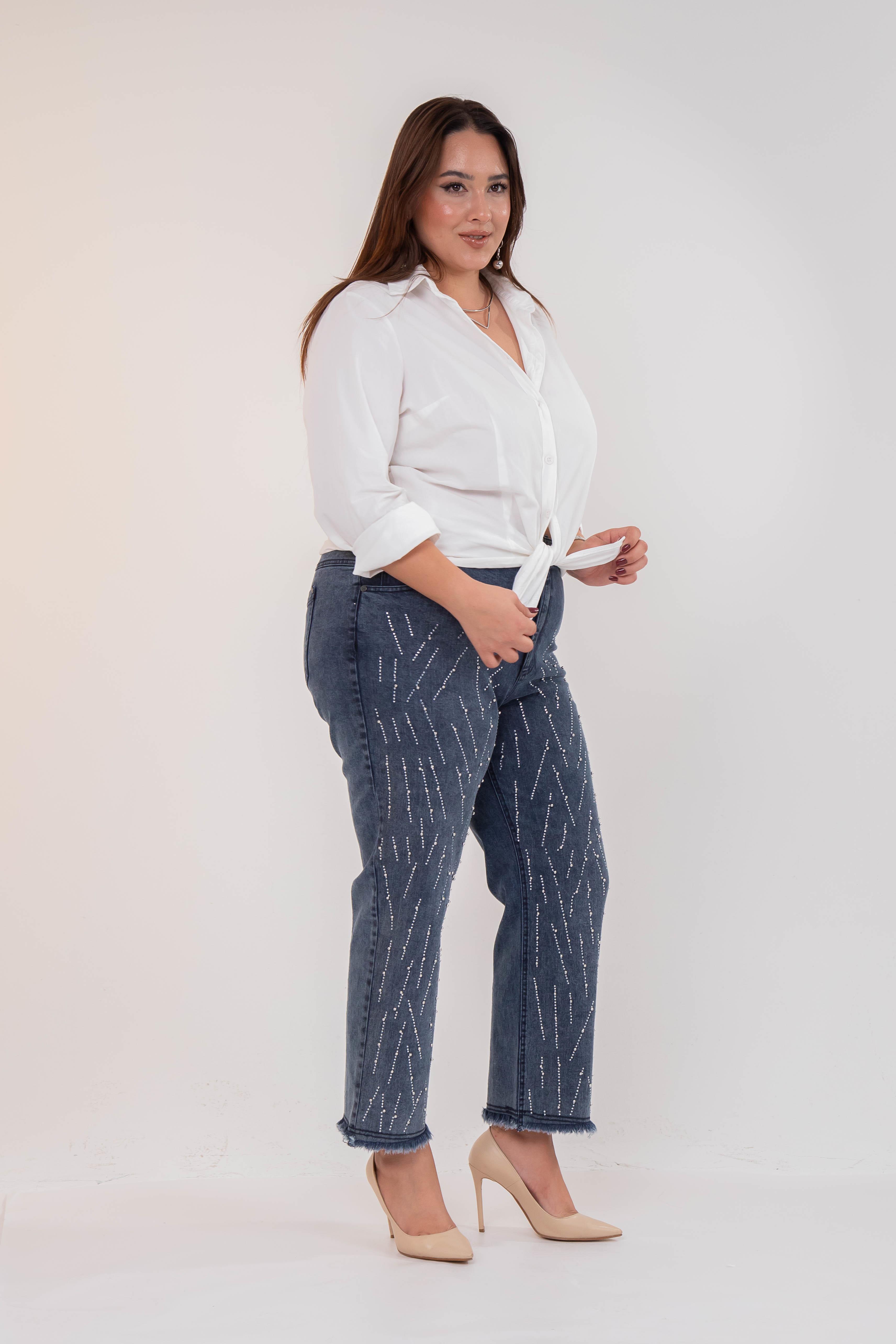 Büyük Beden 121952 Taş Detaylı Denim Pantolon  Buz Mavi