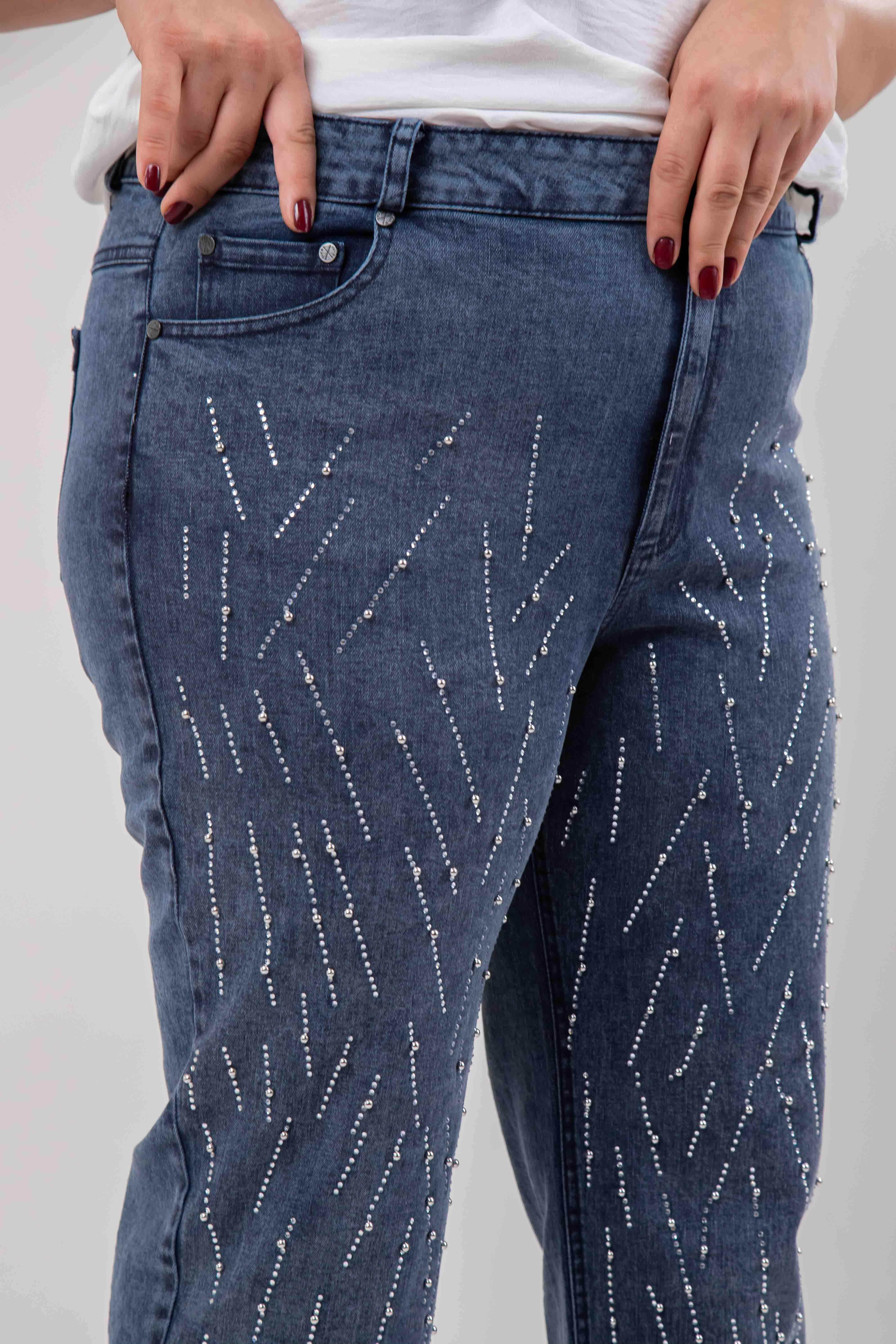 Büyük Beden 121952 Taş Detaylı Denim Pantolon  Buz Mavi