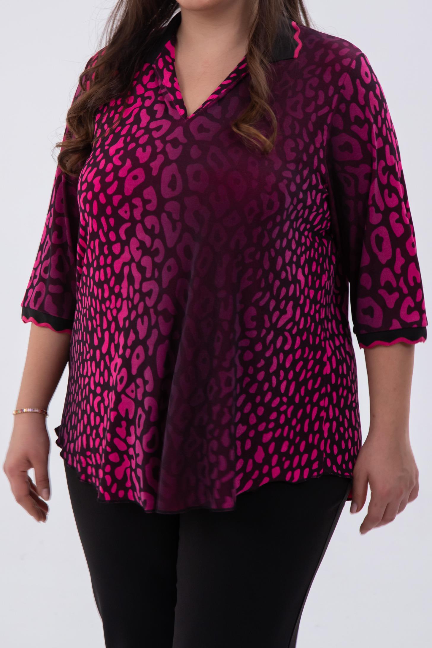 Büyük Beden 122039 Gömlek Yaka Bluz  Fuşya-Leopar 