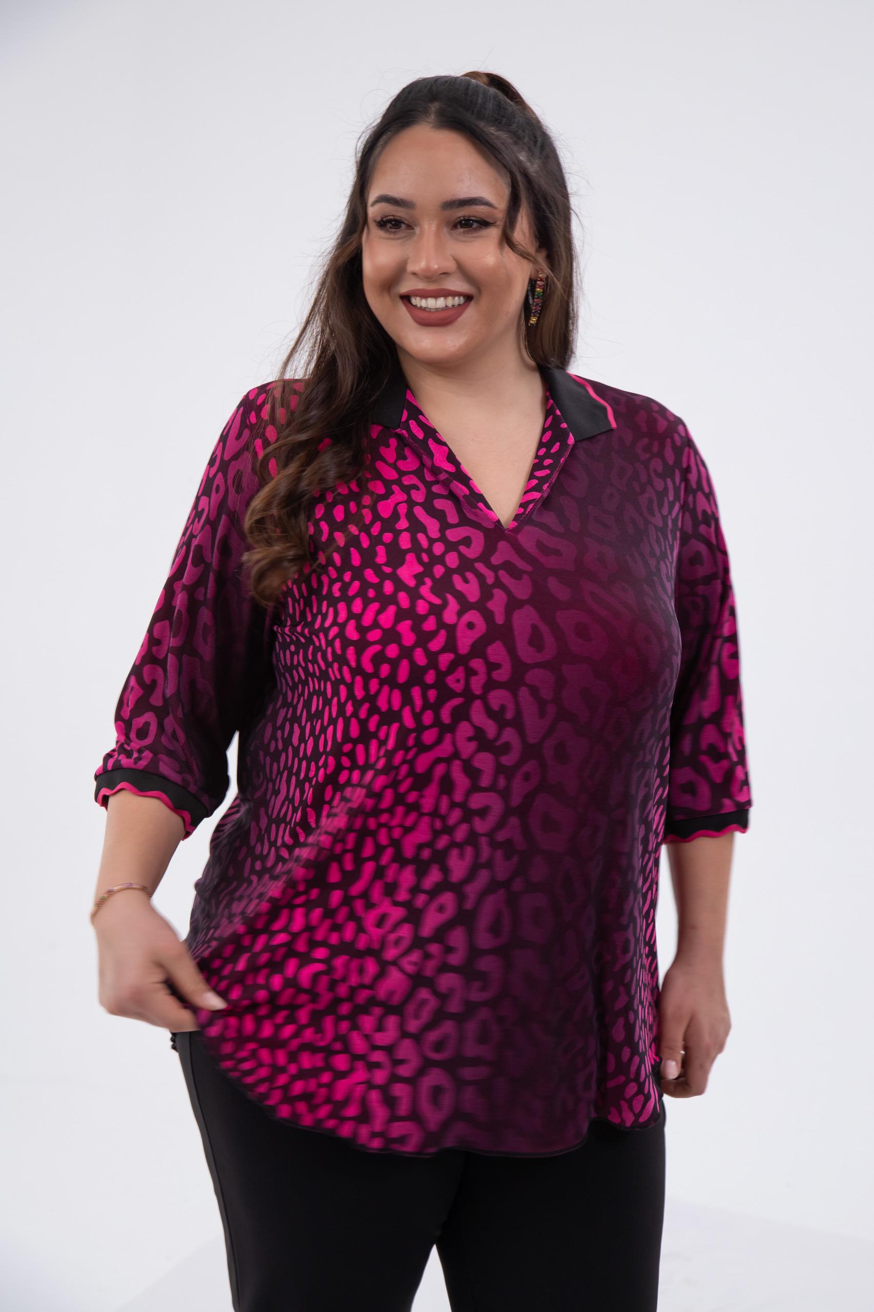 Büyük Beden 122039 Gömlek Yaka Bluz  Fuşya-Leopar 
