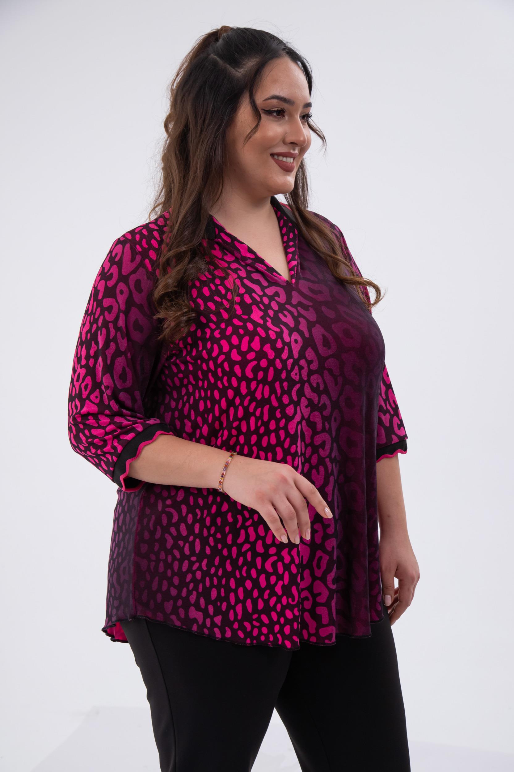 Büyük Beden 122039 Gömlek Yaka Bluz  Fuşya-Leopar 