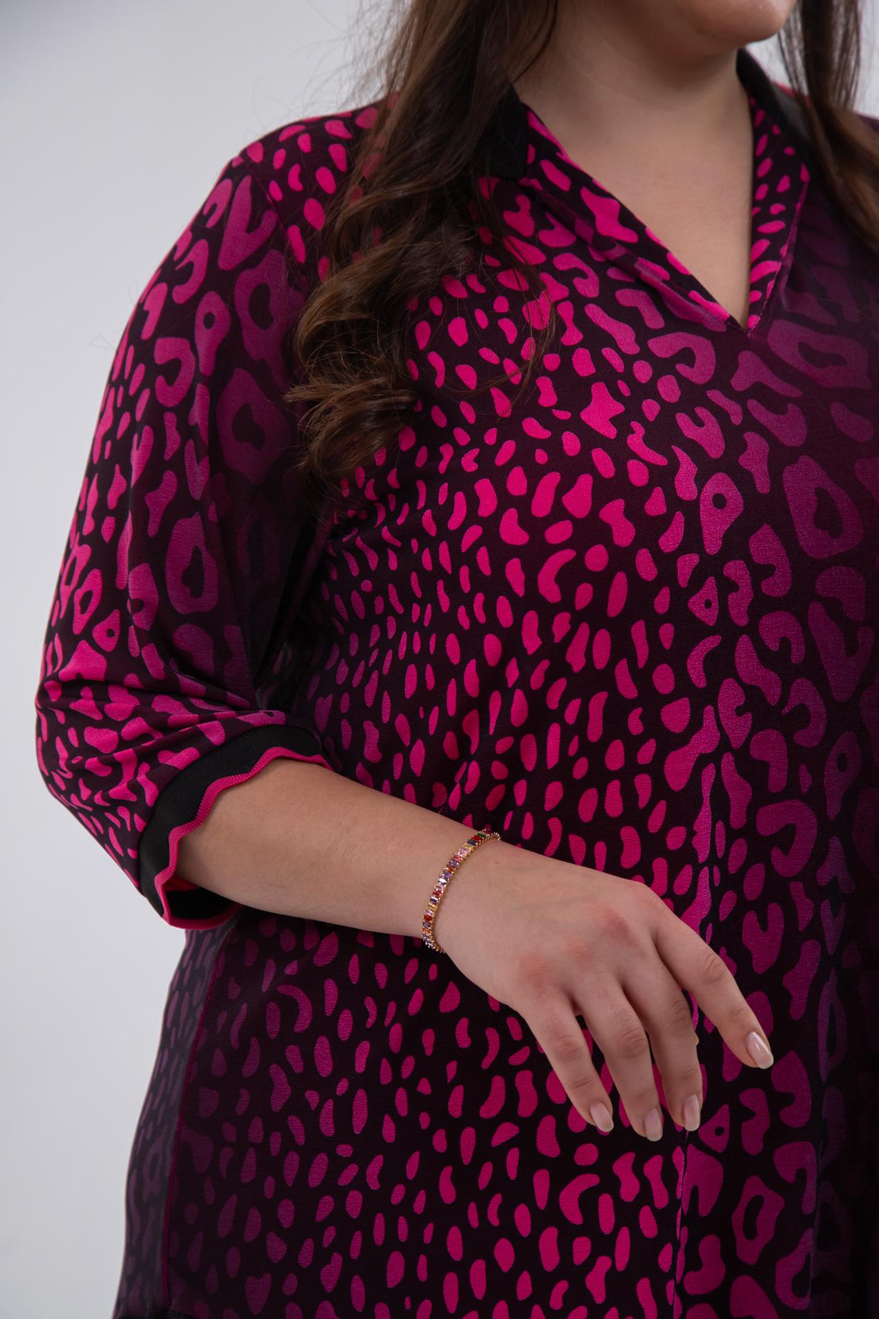 Büyük Beden 122039 Gömlek Yaka Bluz  Fuşya-Leopar 