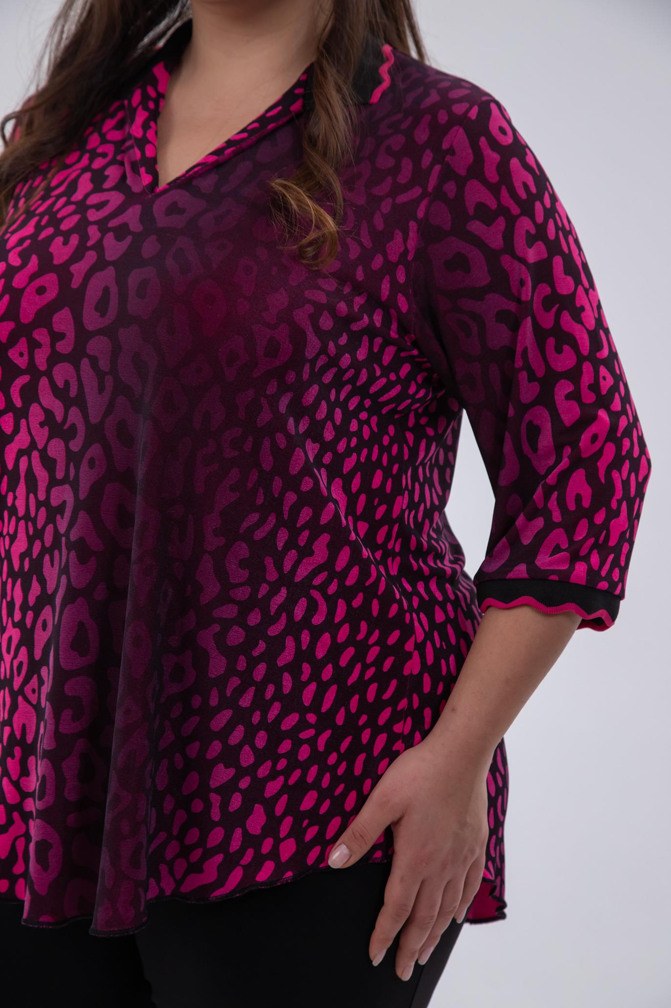 Büyük Beden 122039 Gömlek Yaka Bluz  Fuşya-Leopar 