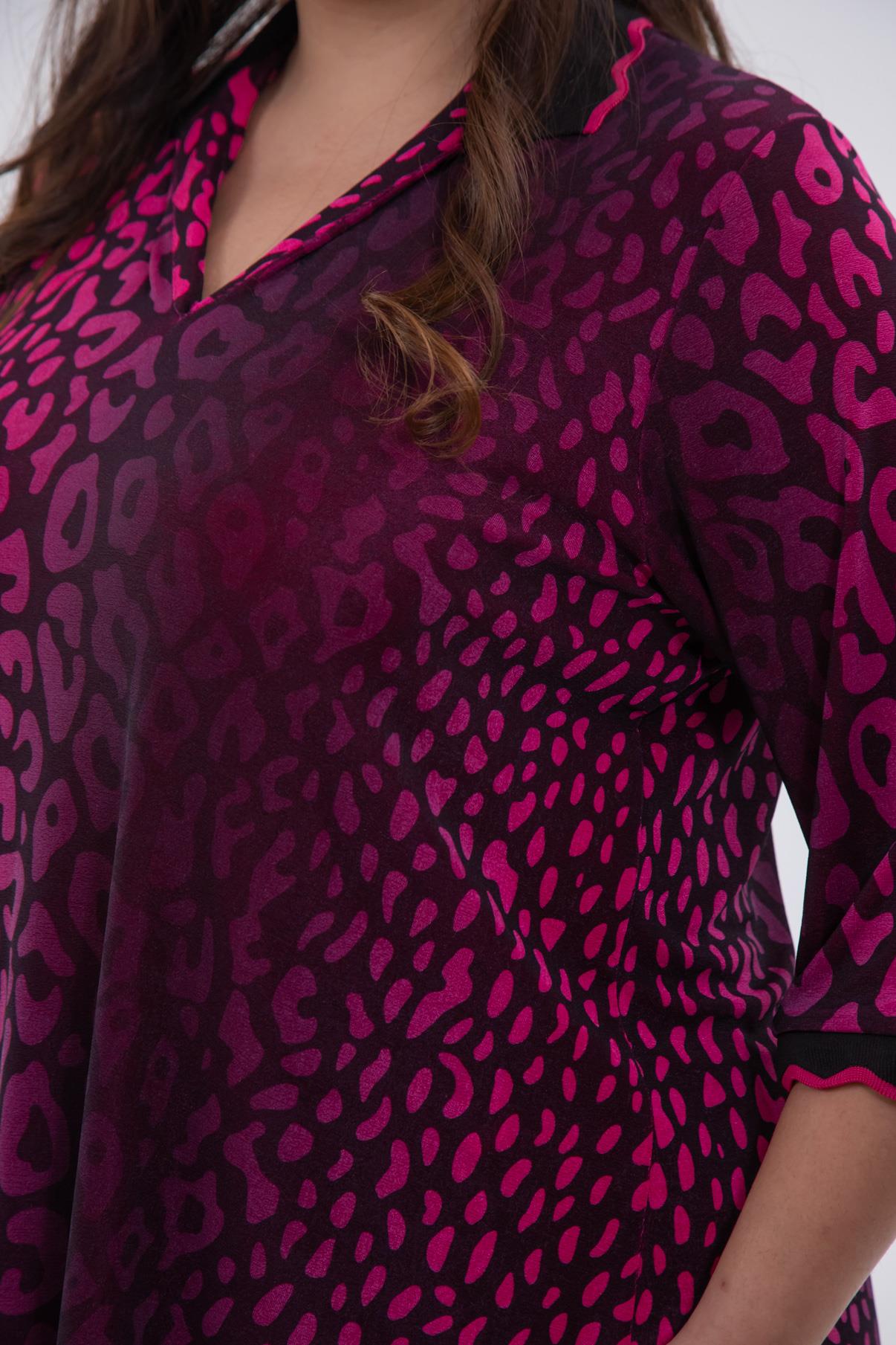 Büyük Beden 122039 Gömlek Yaka Bluz  Fuşya-Leopar 