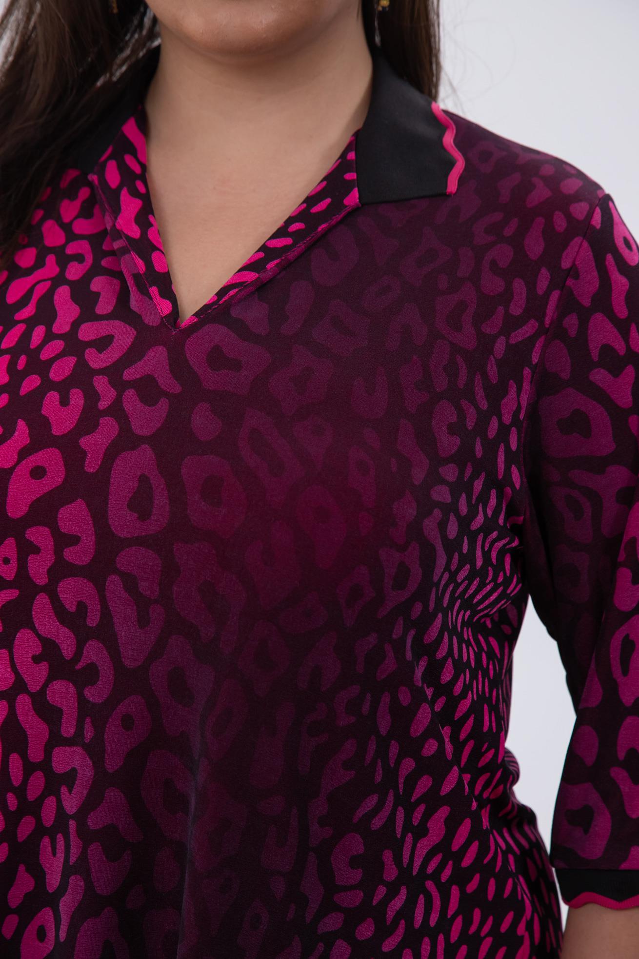 Büyük Beden 122039 Gömlek Yaka Bluz  Fuşya-Leopar 