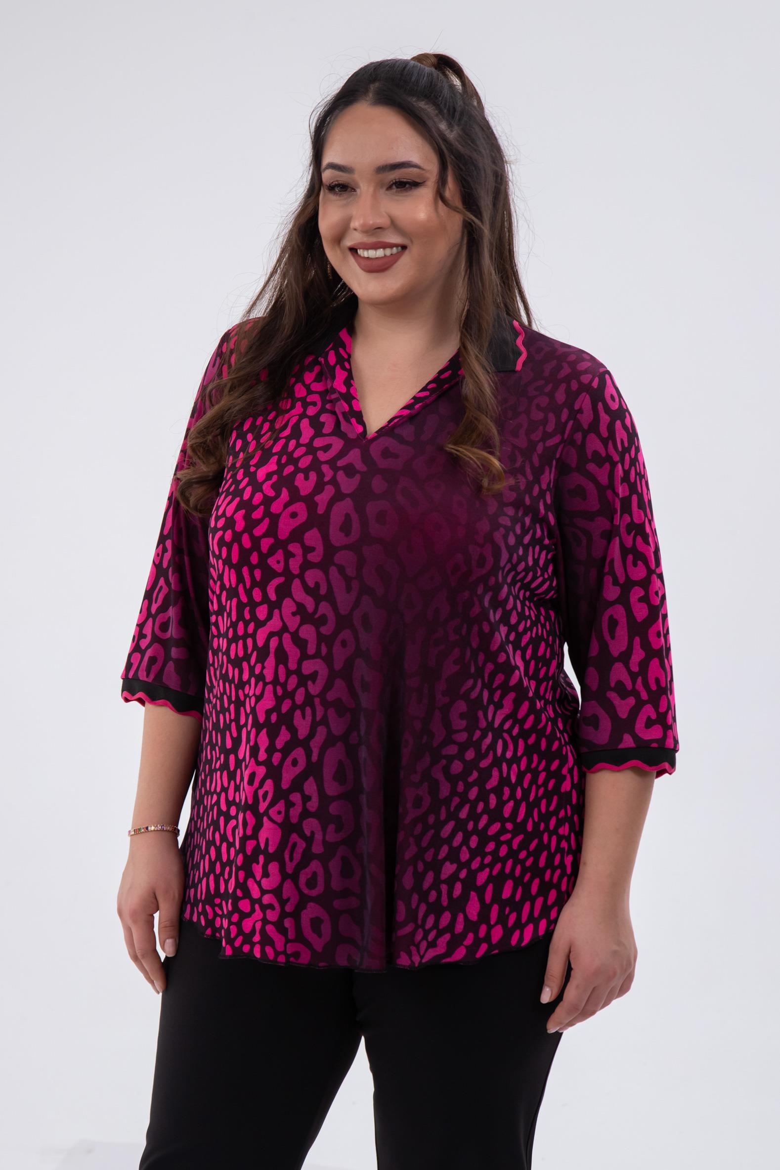 Büyük Beden 122039 Gömlek Yaka Bluz  Fuşya-Leopar 