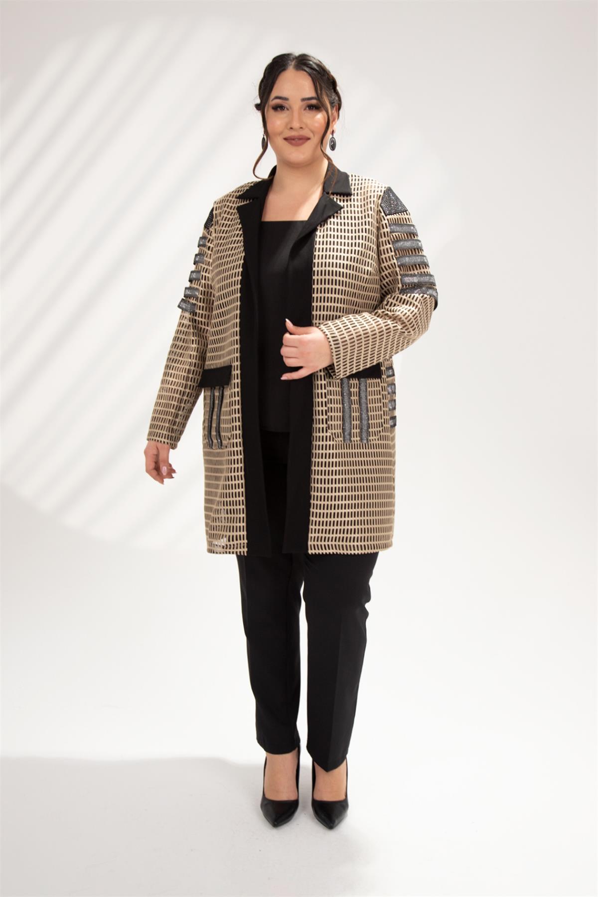 Büyük Beden 122106 File Amiral Abiye Ceket  Bej