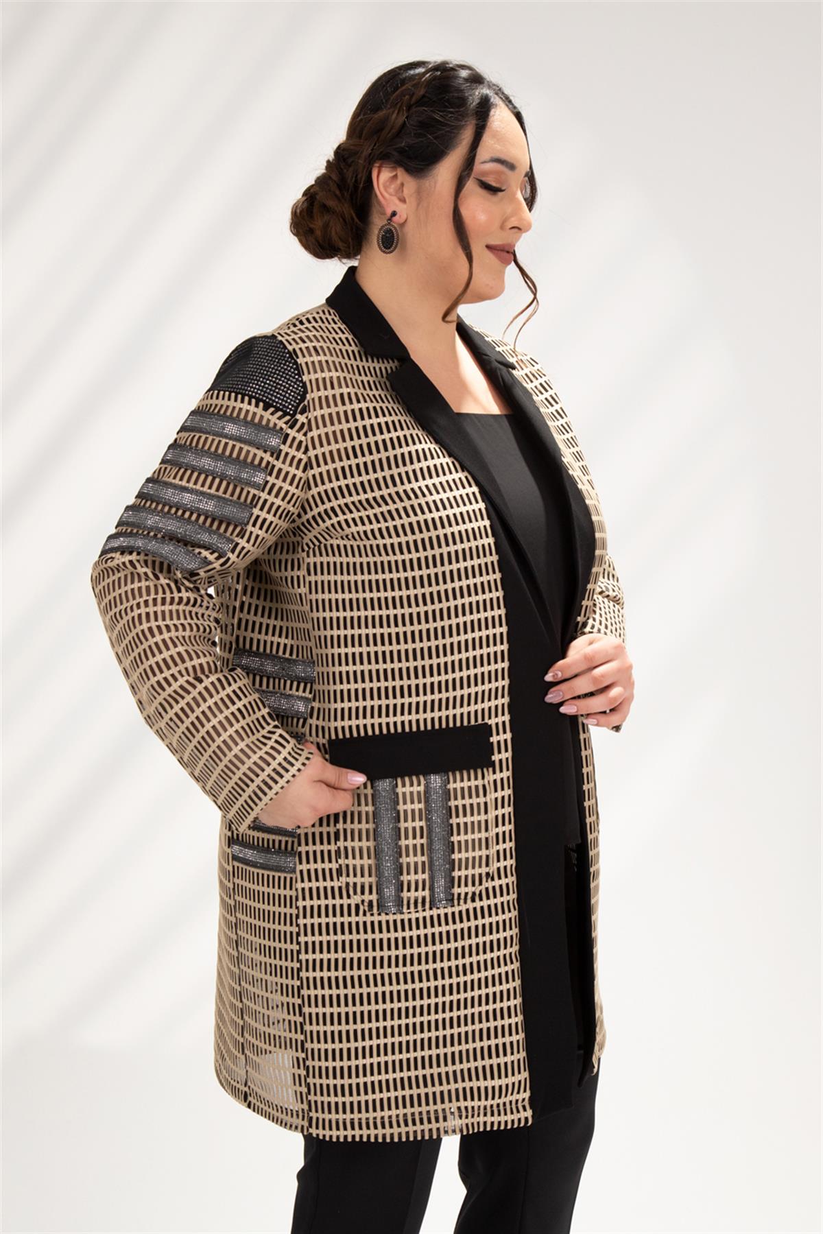 Büyük Beden 122106 File Amiral Abiye Ceket  Bej