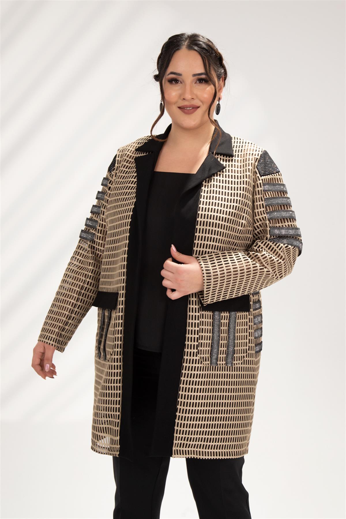 Büyük Beden 122106 File Amiral Abiye Ceket  Bej