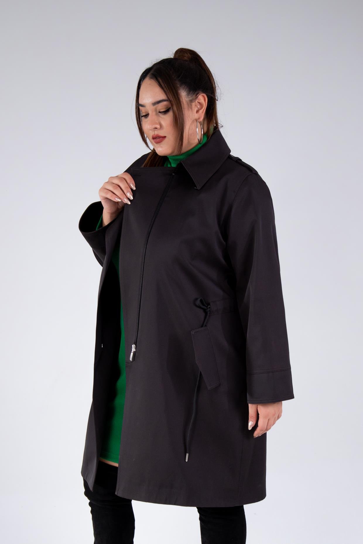 Büyük Beden 122149 Cep-Yaka Detaylı Trençkot Siyah