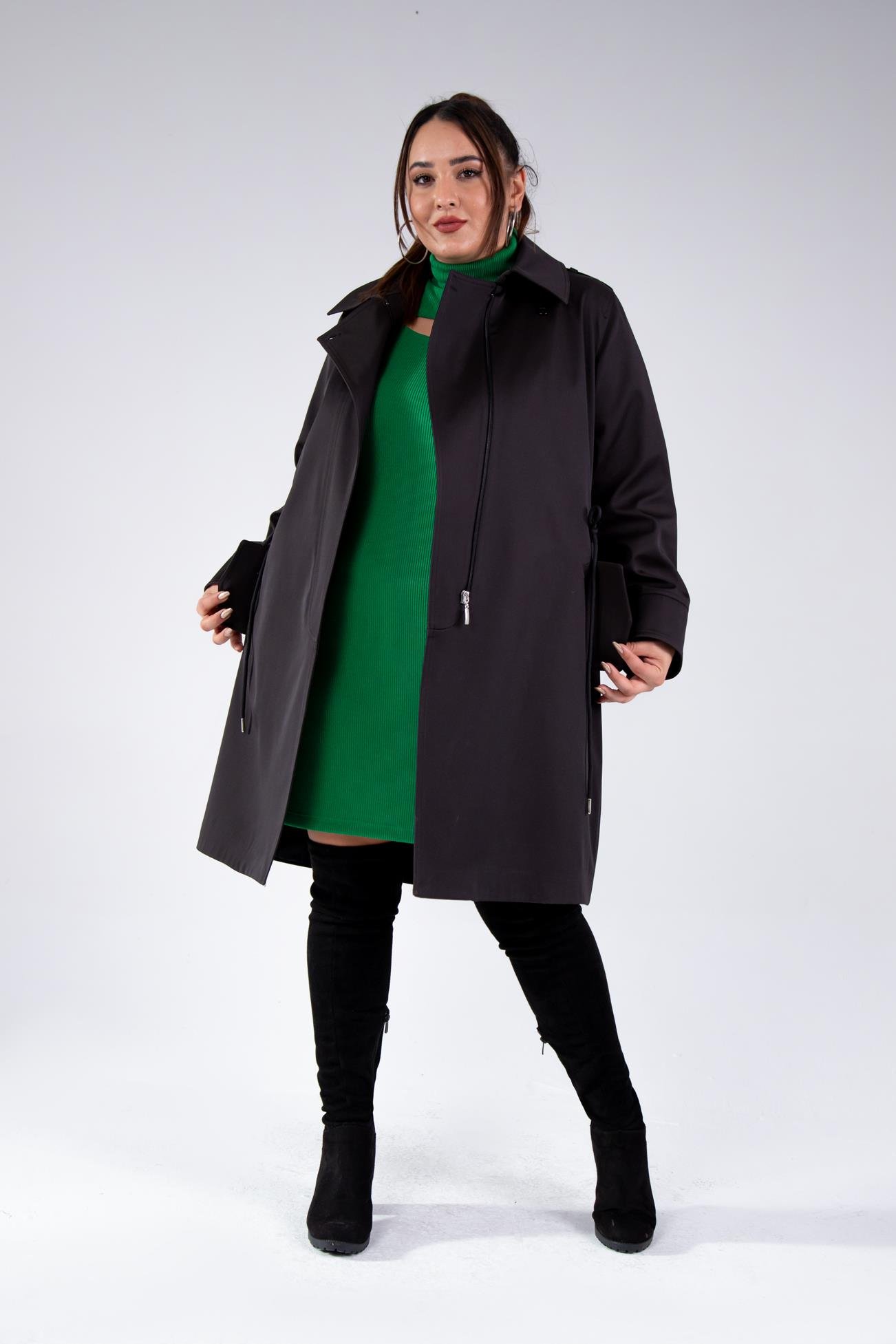 Büyük Beden 122149 Cep-Yaka Detaylı Trençkot Siyah