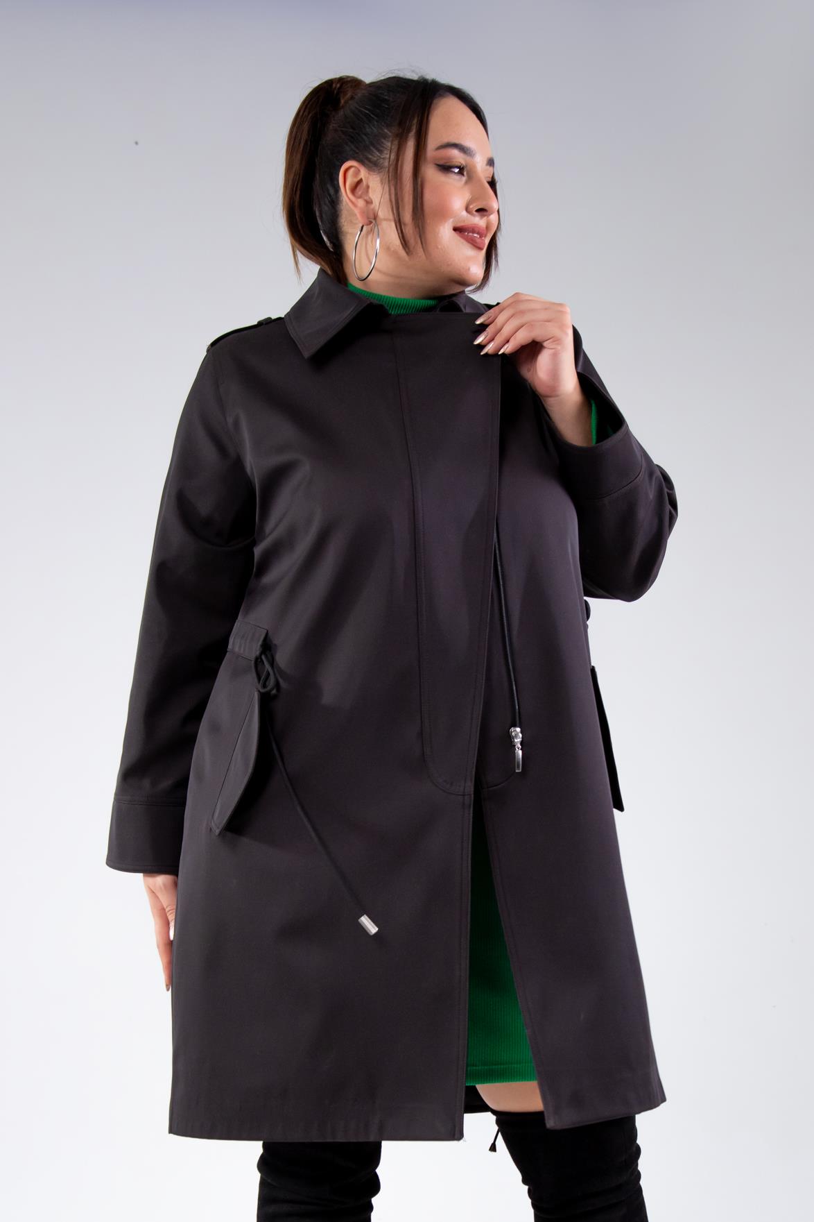 Büyük Beden 122149 Cep-Yaka Detaylı Trençkot Siyah