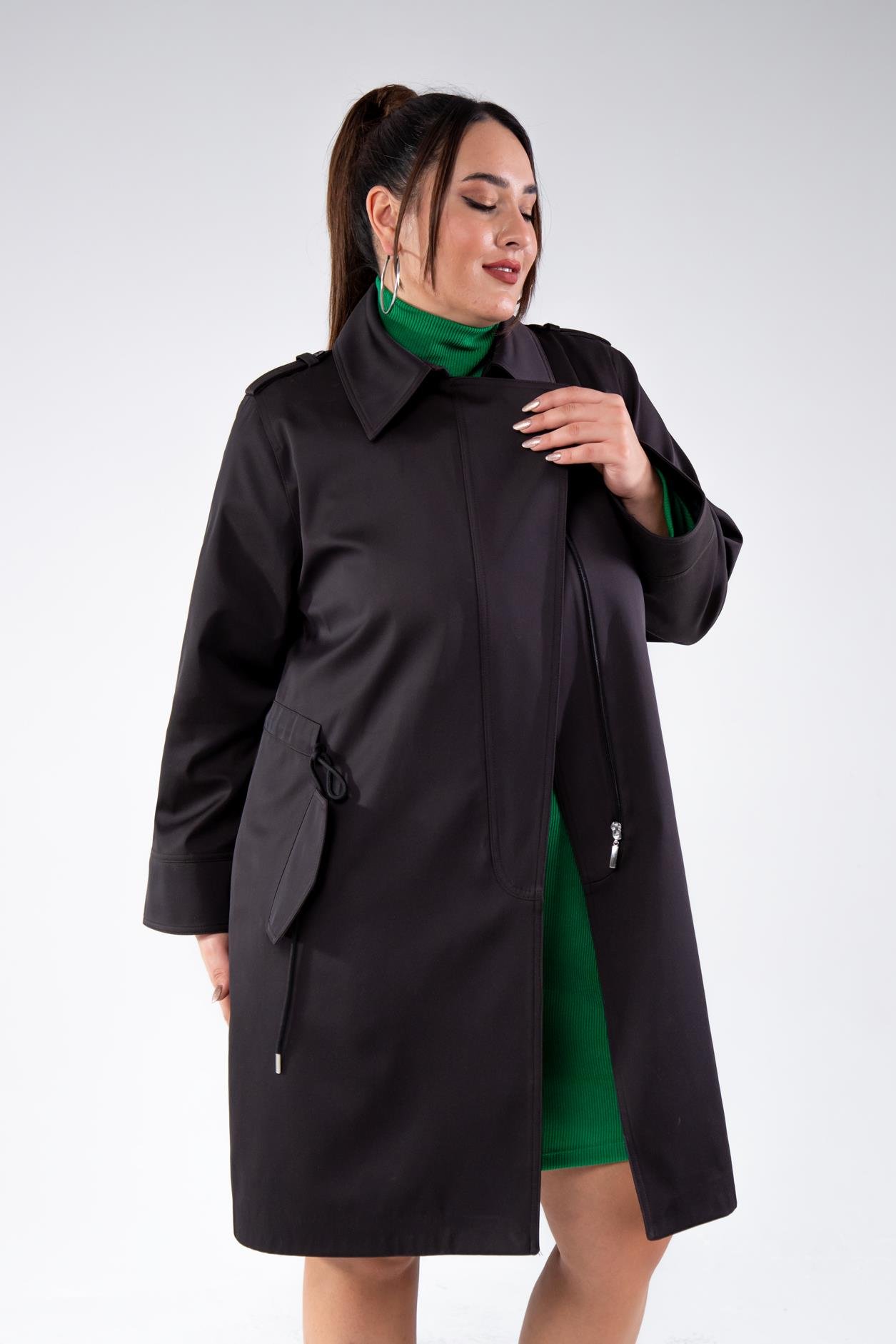 Büyük Beden 122149 Cep-Yaka Detaylı Trençkot Siyah