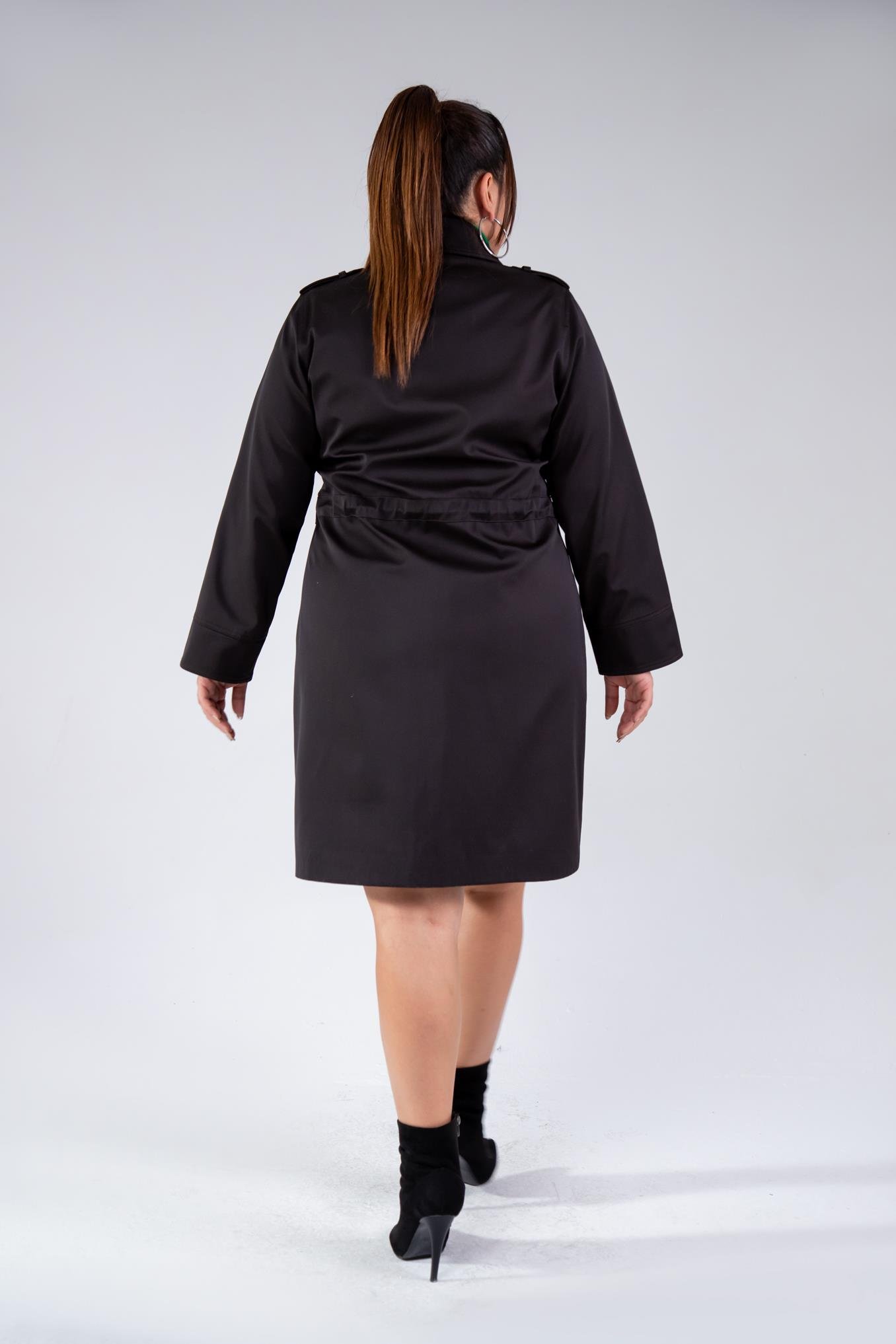 Büyük Beden 122149 Cep-Yaka Detaylı Trençkot Siyah