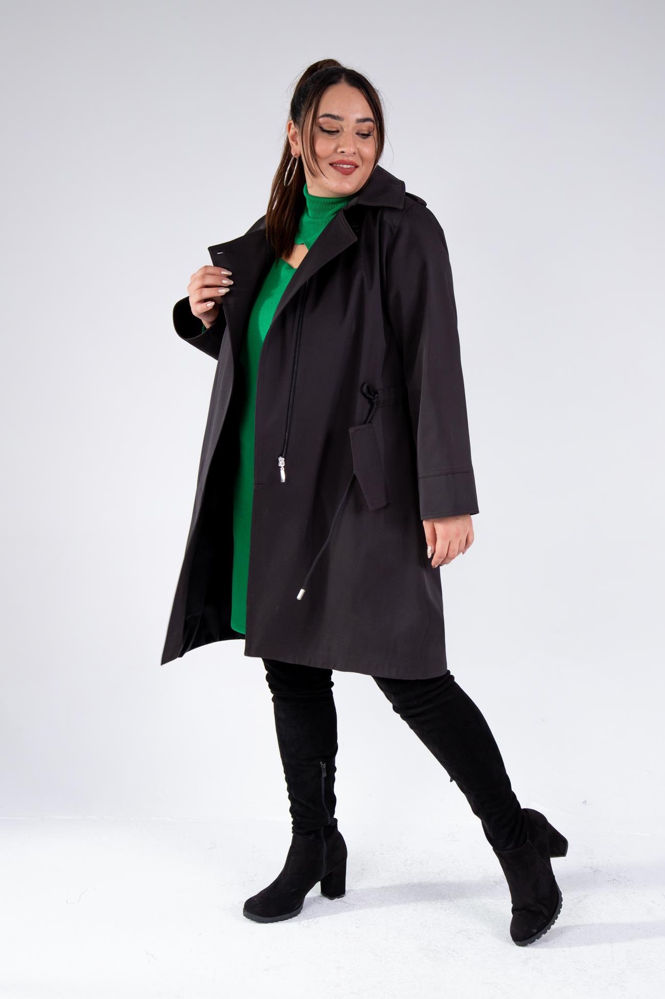 Büyük Beden 122149 Cep-Yaka Detaylı Trençkot Siyah