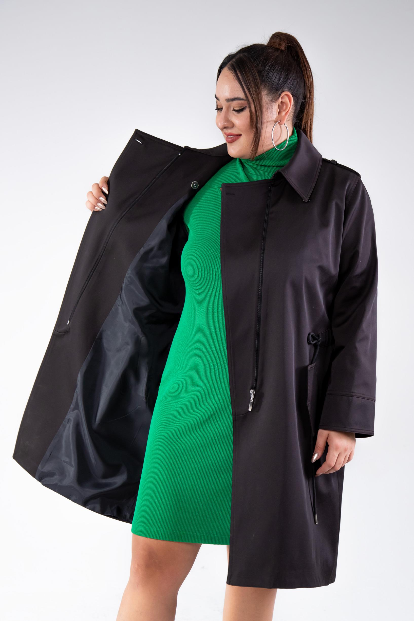 Büyük Beden 122149 Cep-Yaka Detaylı Trençkot Siyah