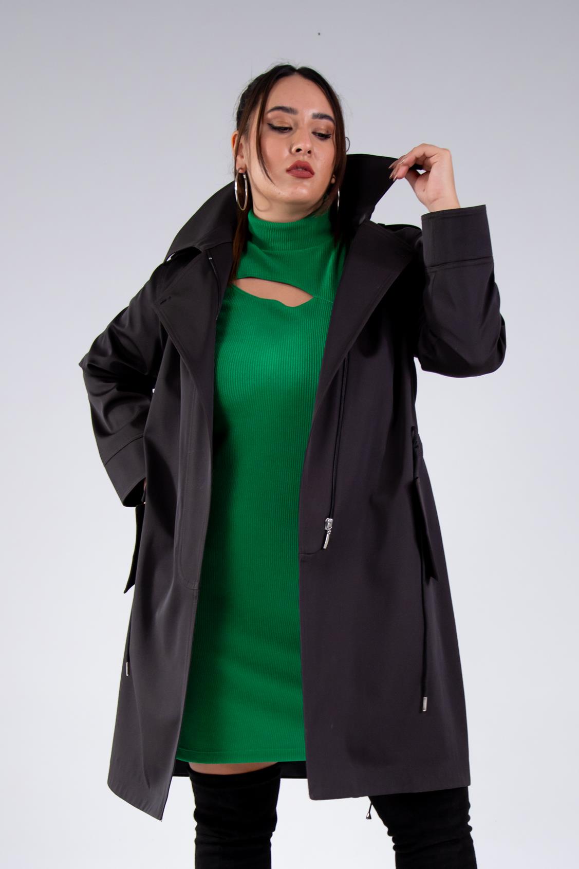 Büyük Beden 122149 Cep-Yaka Detaylı Trençkot Siyah