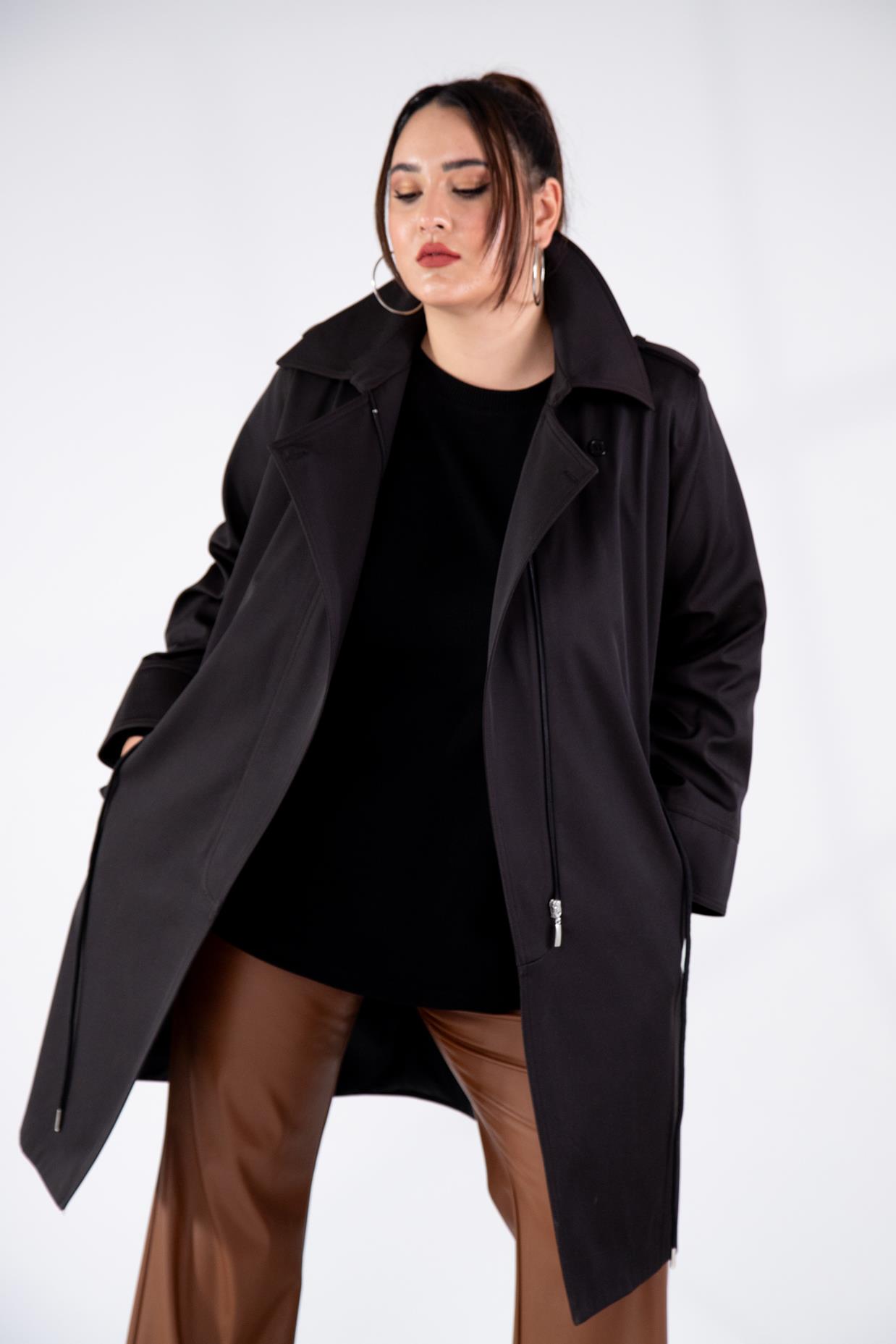 Büyük Beden 122149 Cep-Yaka Detaylı Trençkot Siyah