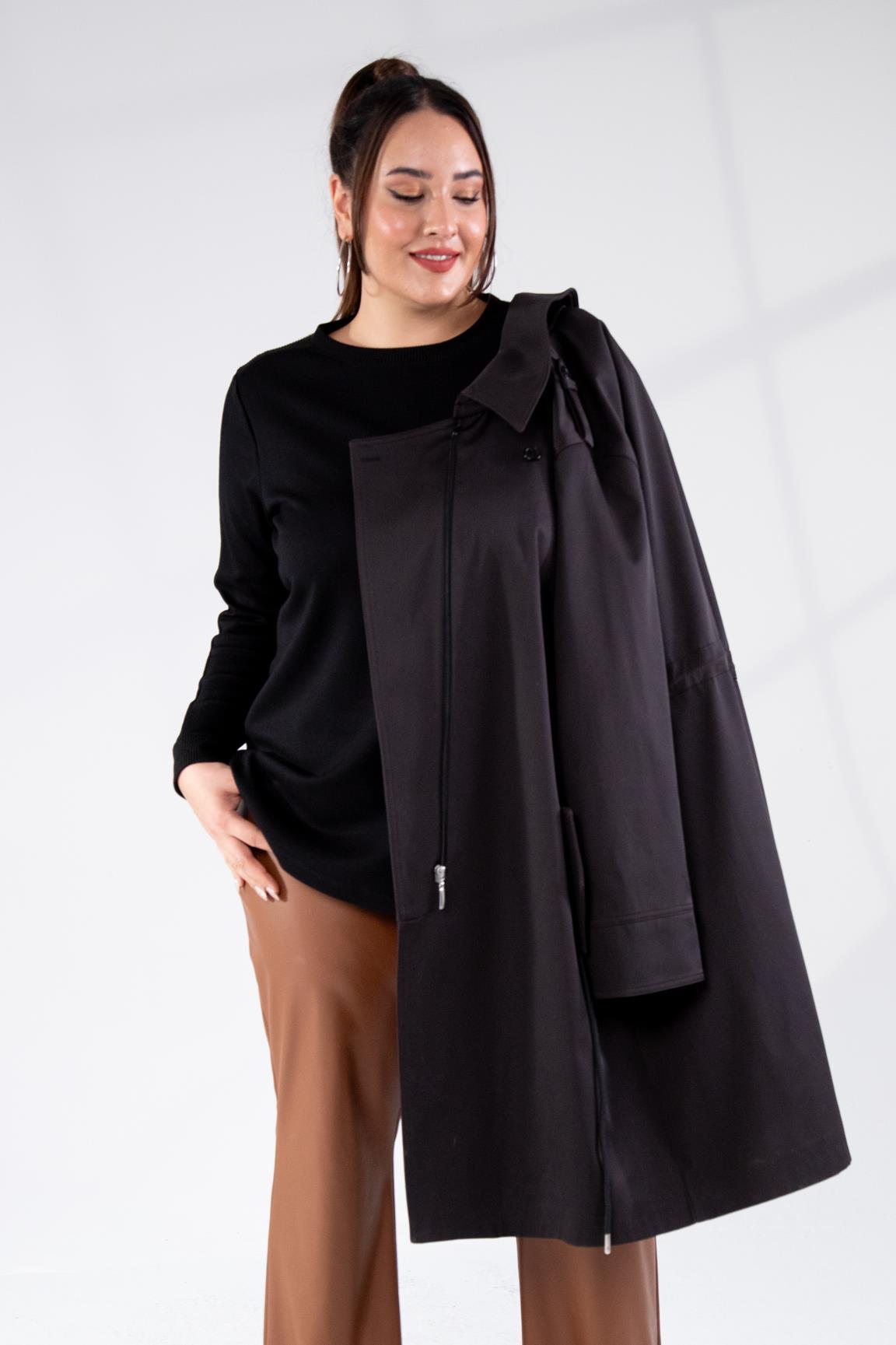 Büyük Beden 122149 Cep-Yaka Detaylı Trençkot Siyah