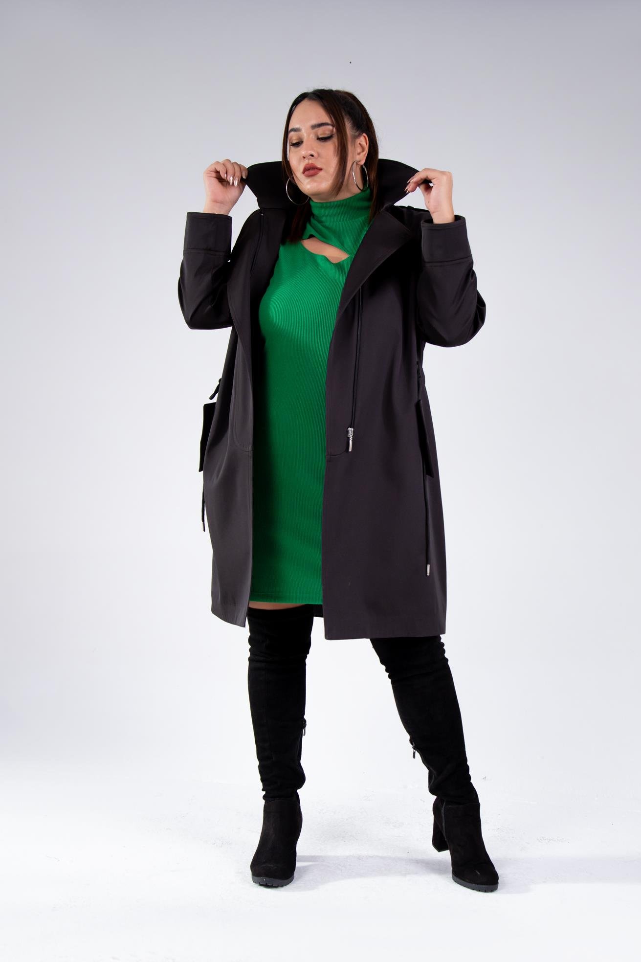 Büyük Beden 122149 Cep-Yaka Detaylı Trençkot Siyah