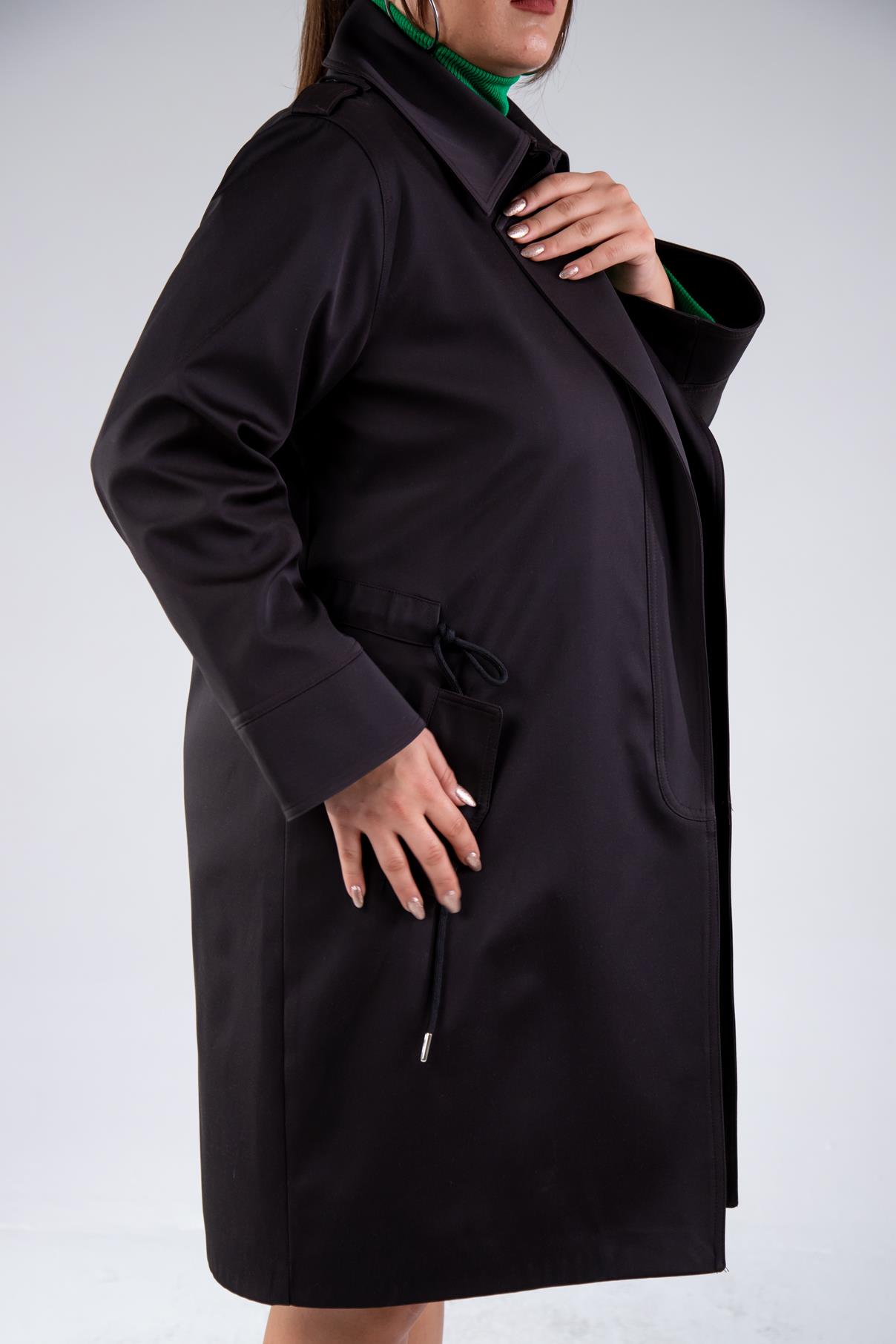 Büyük Beden 122149 Cep-Yaka Detaylı Trençkot Siyah