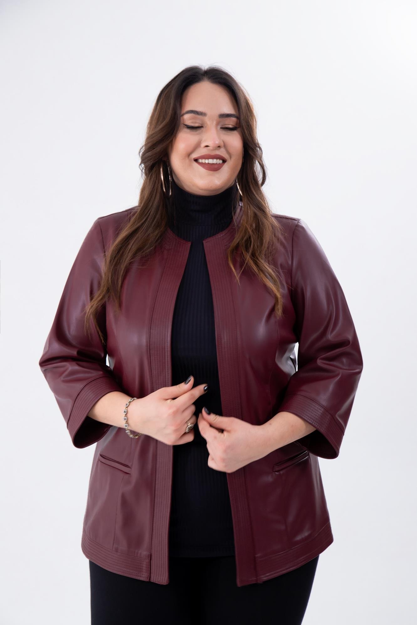 Büyük Beden 122159 Deri Ceket Bordo