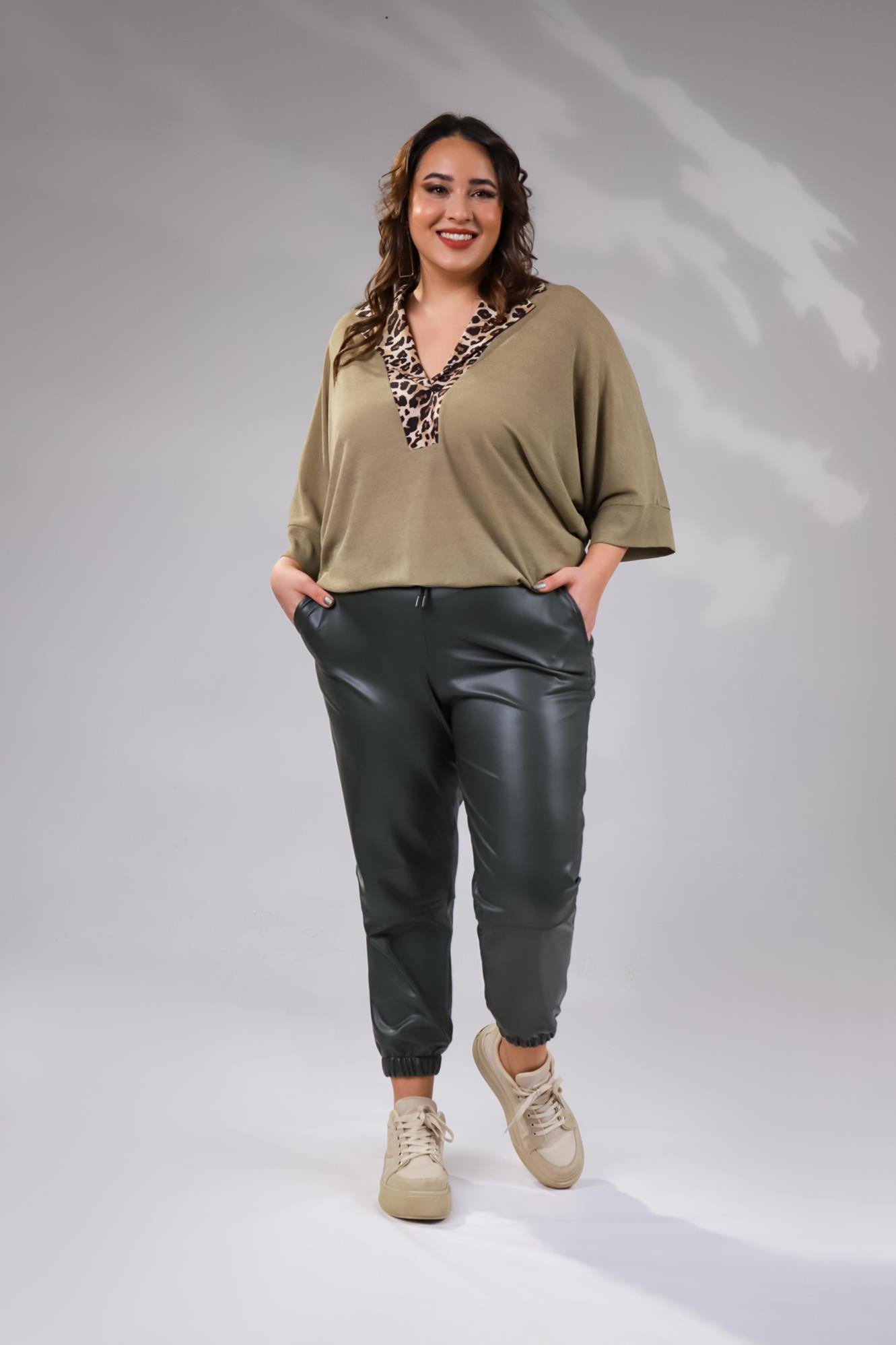 Büyük Beden 122160 Deri Pantolon  Hakı