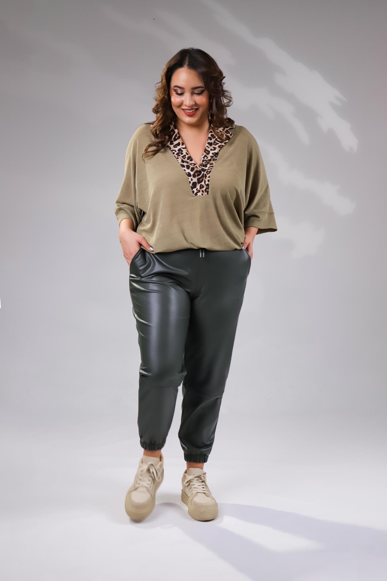 Büyük Beden 122160 Deri Pantolon  Hakı