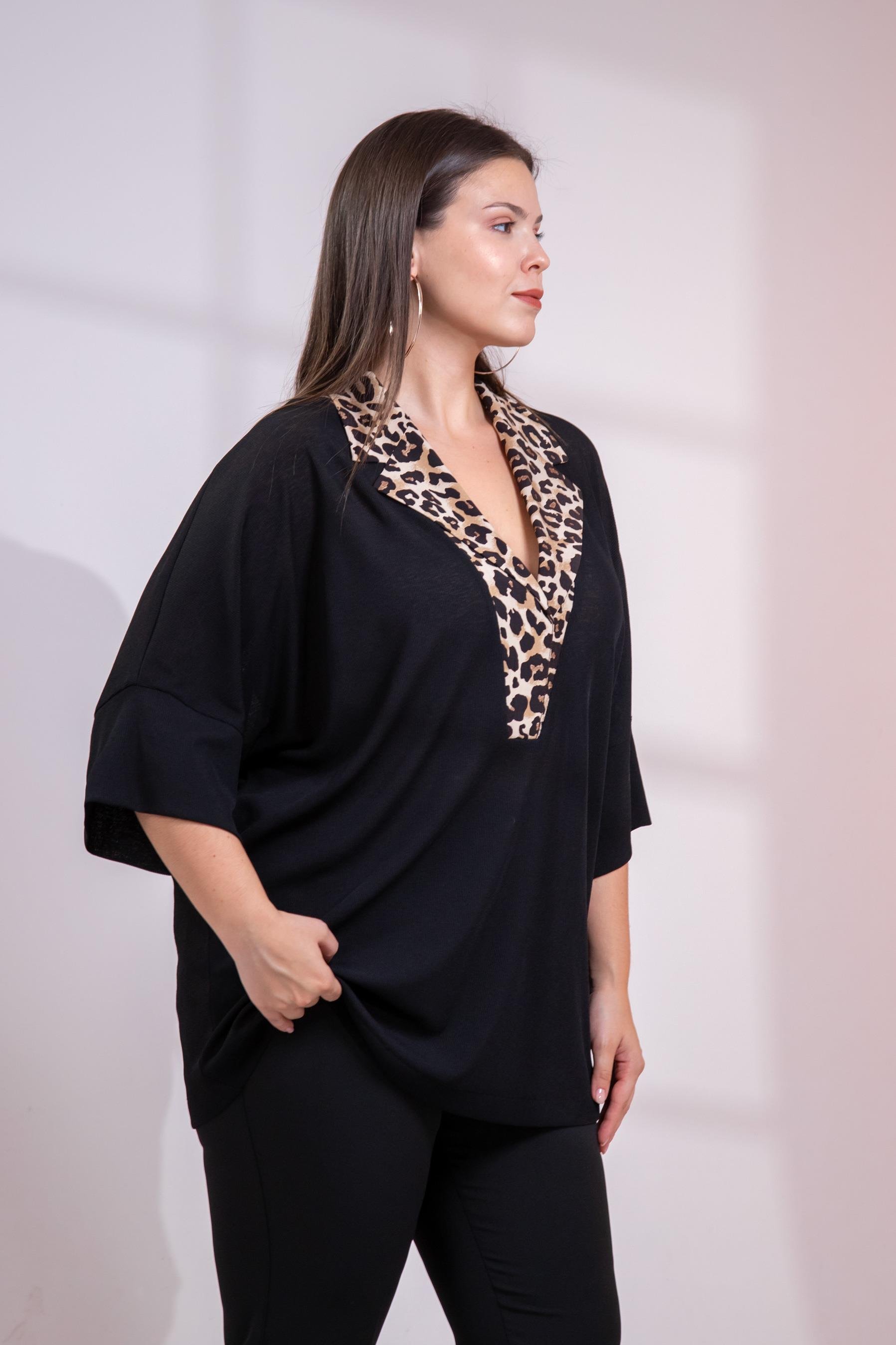 Büyük Beden 122163 Yaka Leoparlı Bluz  Siyah