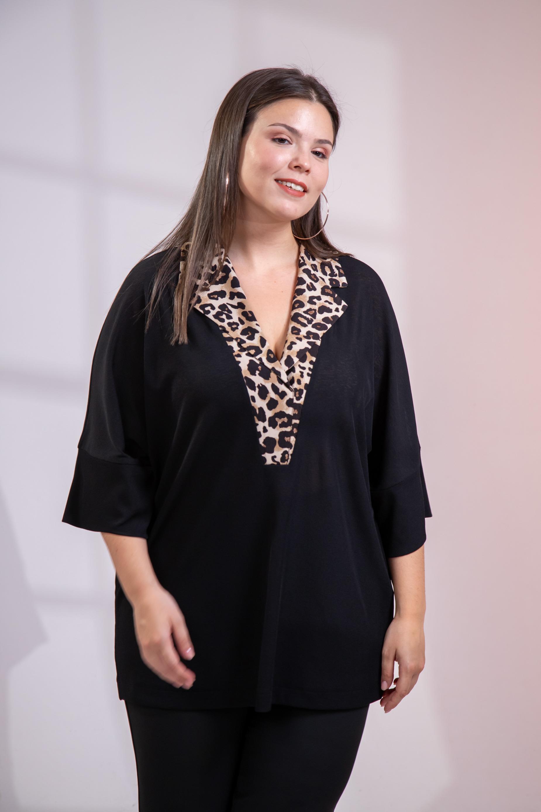 Büyük Beden 122163 Yaka Leoparlı Bluz  Siyah