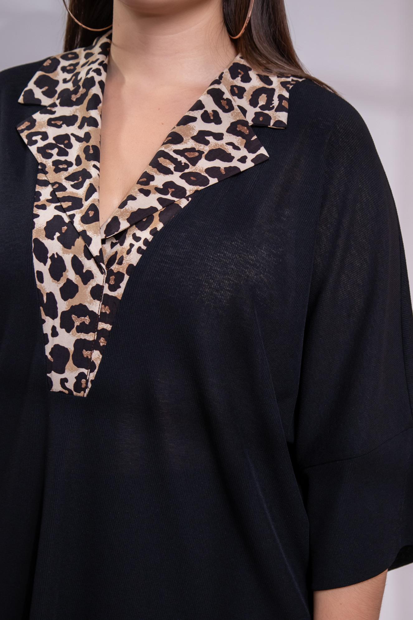 Büyük Beden 122163 Yaka Leoparlı Bluz  Siyah
