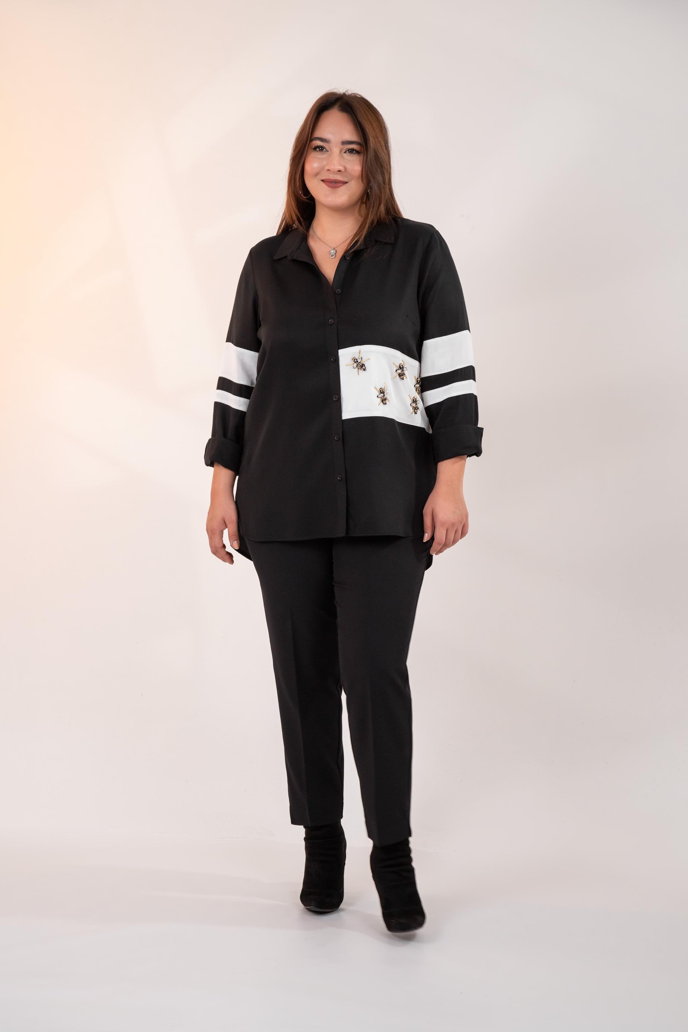 Büyük Beden 1221862 Garnili Gömlek Siyah