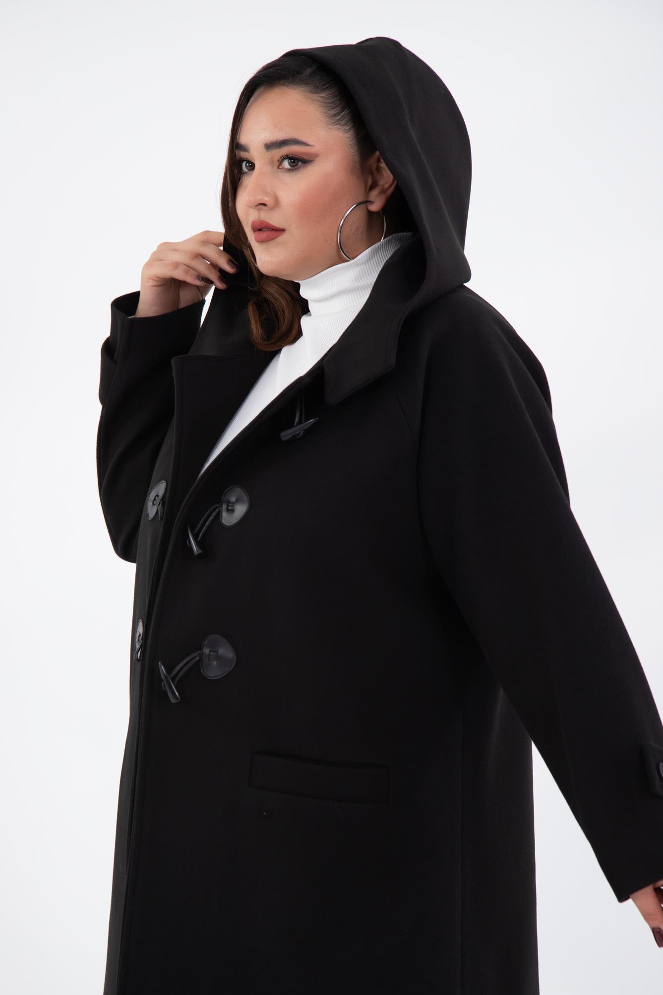 Büyük Beden 122191 Cepli-Düğme Detaylı Kaban Siyah