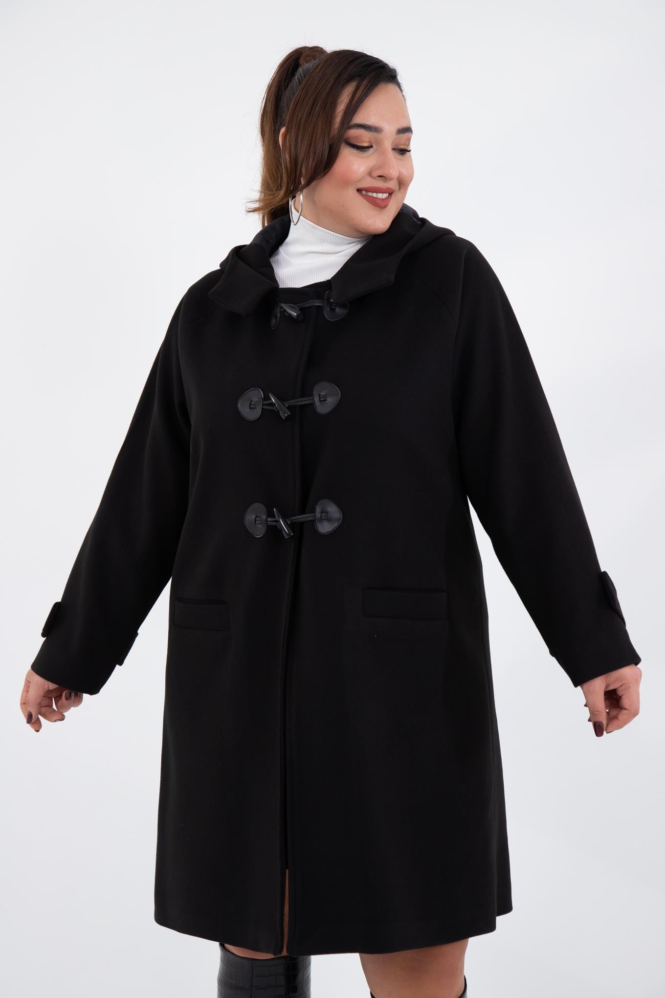 Büyük Beden 122191 Cepli-Düğme Detaylı Kaban Siyah