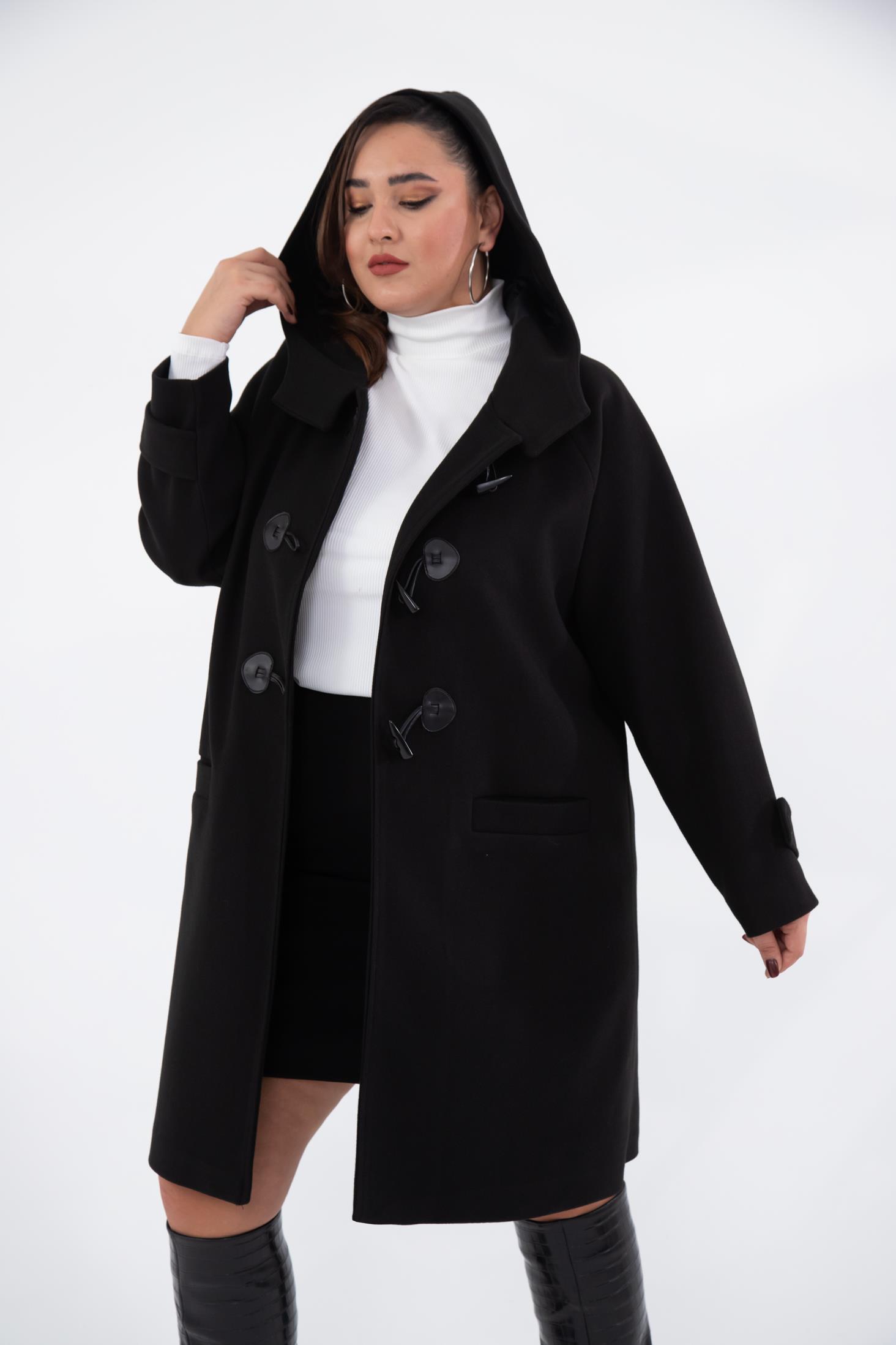 Büyük Beden 122191 Cepli-Düğme Detaylı Kaban Siyah