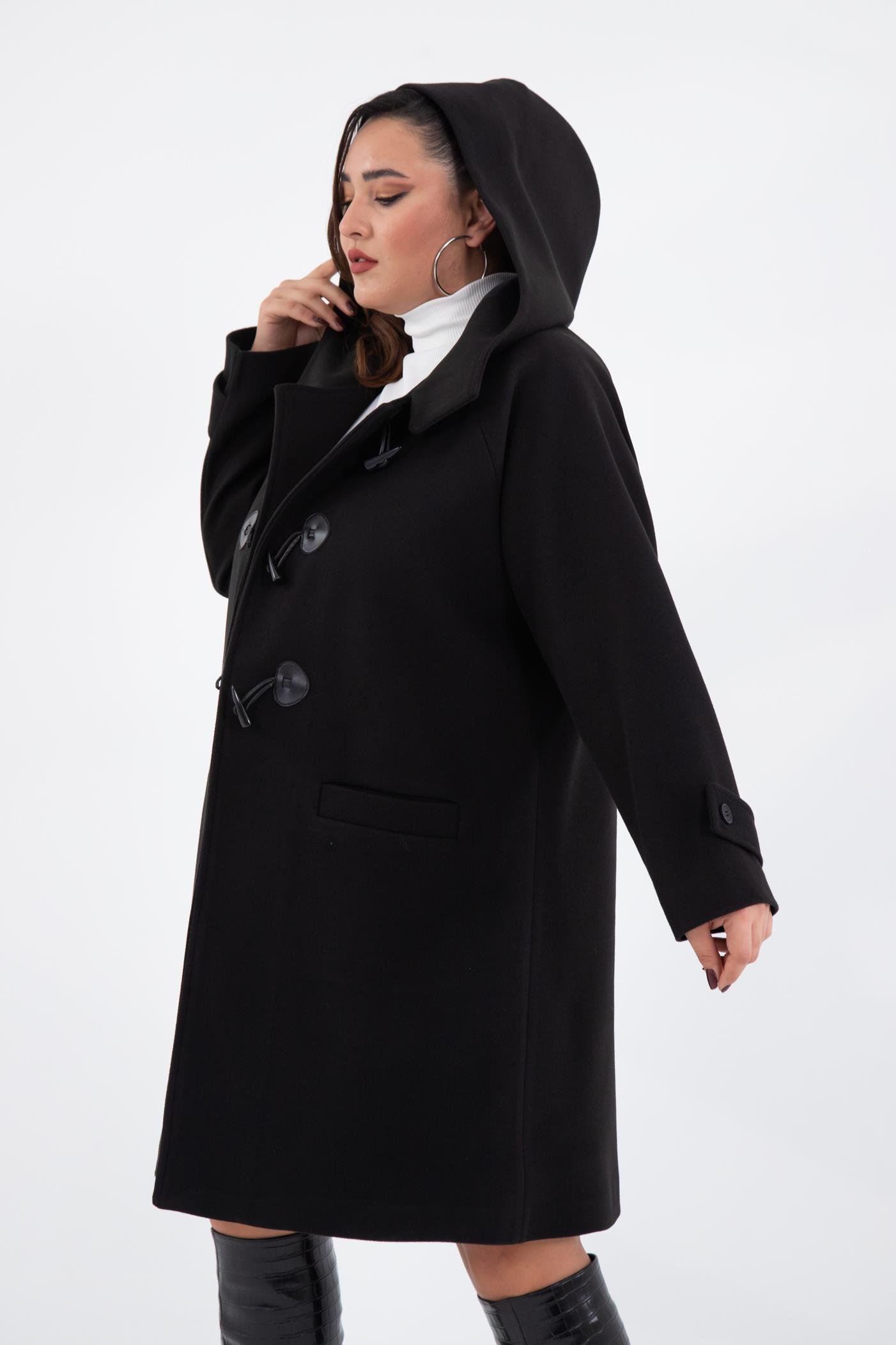 Büyük Beden 122191 Cepli-Düğme Detaylı Kaban Siyah