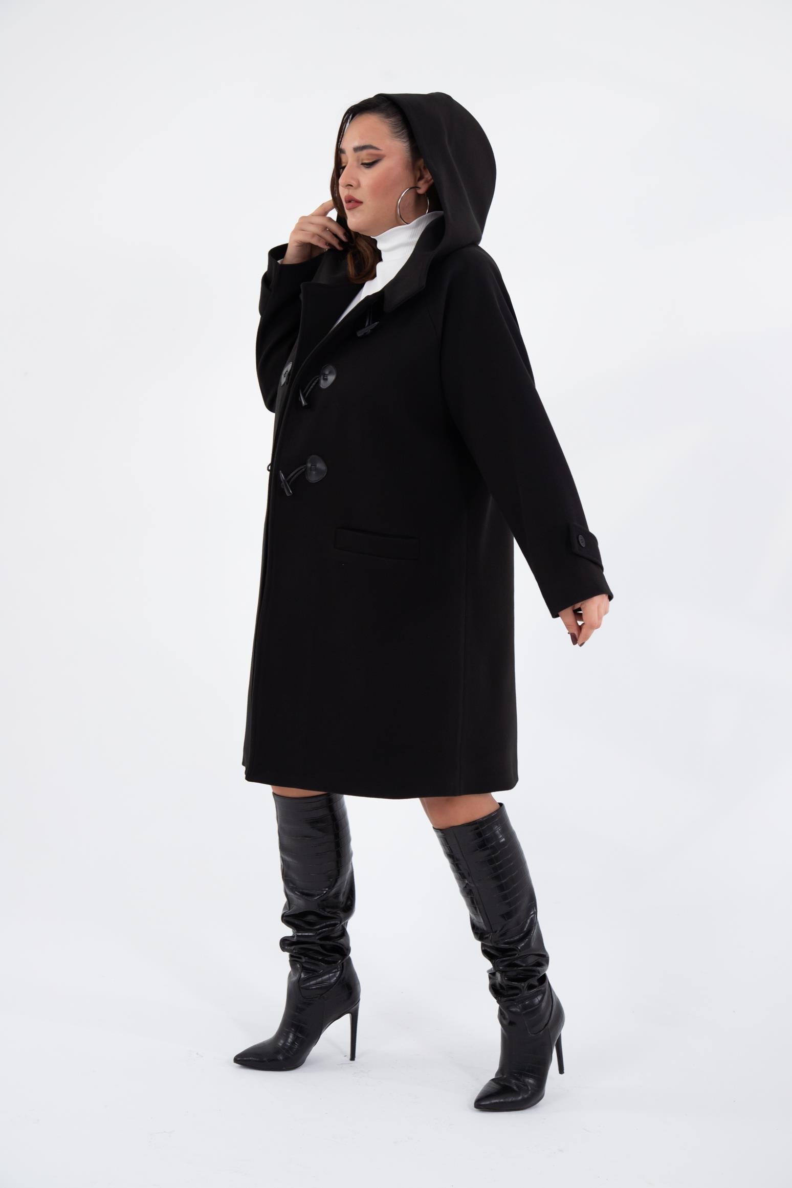 Büyük Beden 122191 Cepli-Düğme Detaylı Kaban Siyah