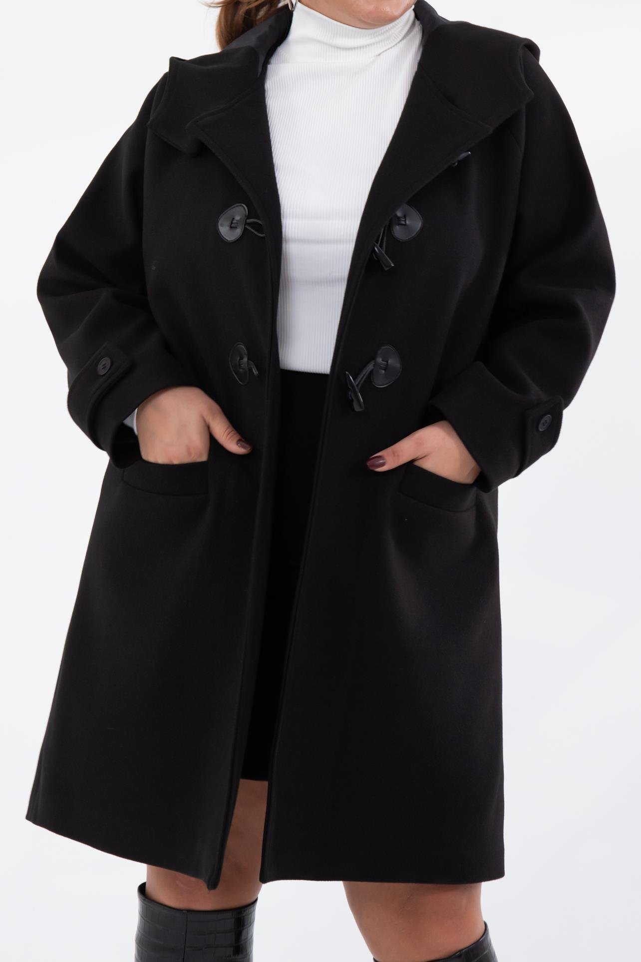 Büyük Beden 122191 Cepli-Düğme Detaylı Kaban Siyah