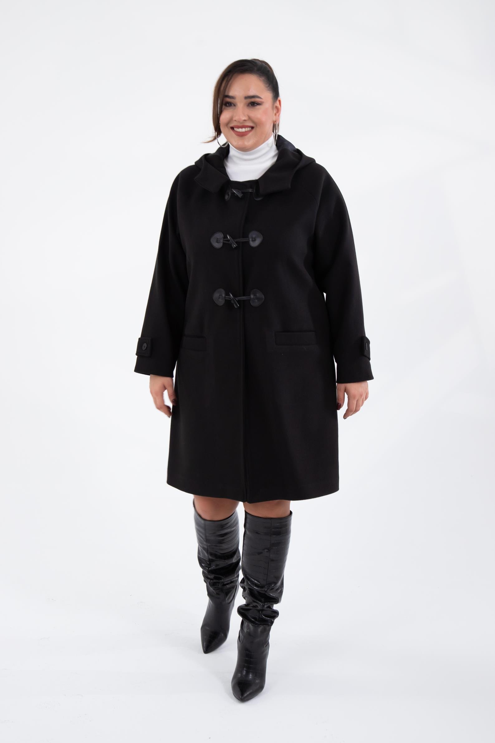 Büyük Beden 122191 Cepli-Düğme Detaylı Kaban Siyah