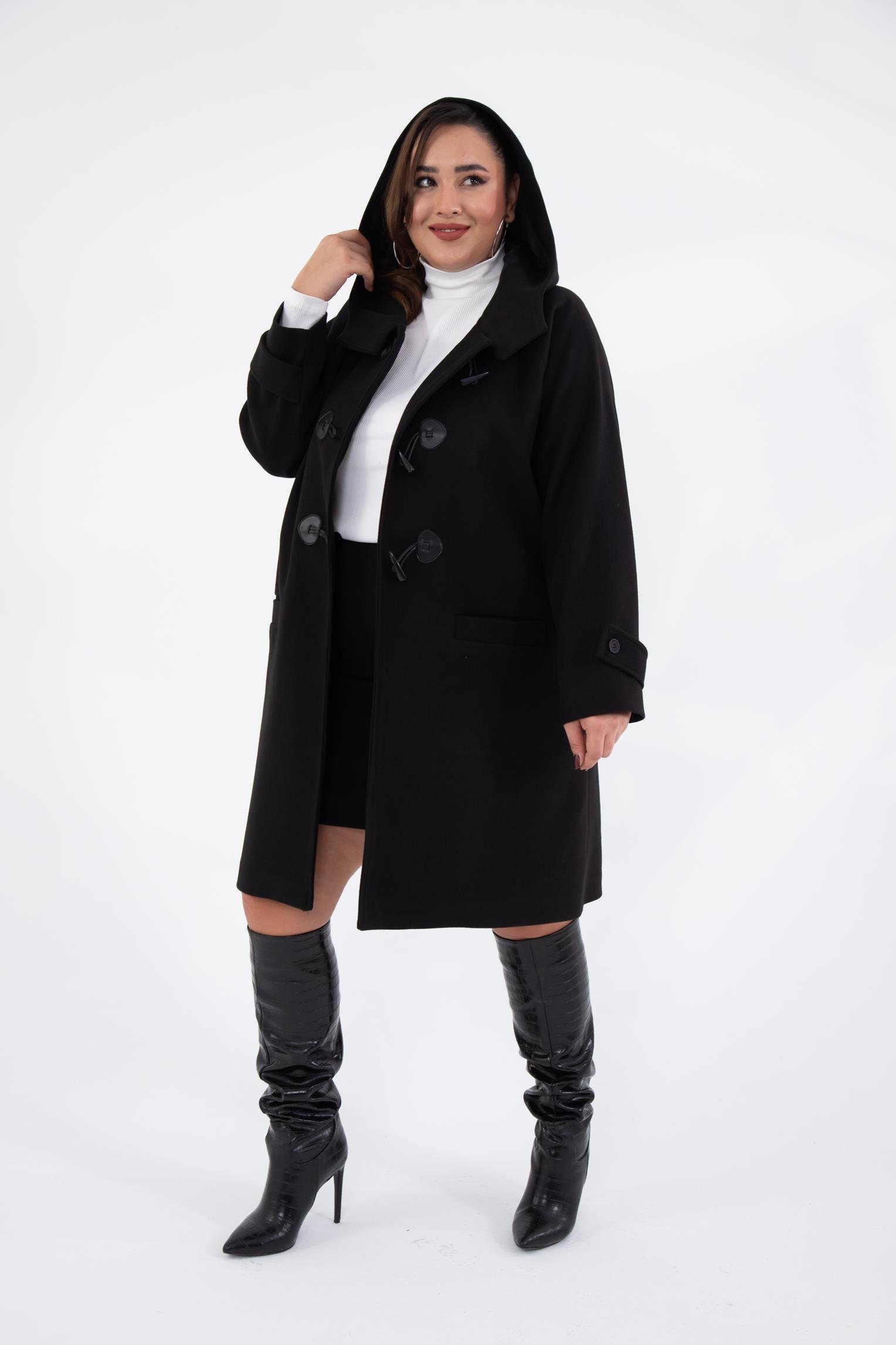 Büyük Beden 122191 Cepli-Düğme Detaylı Kaban Siyah