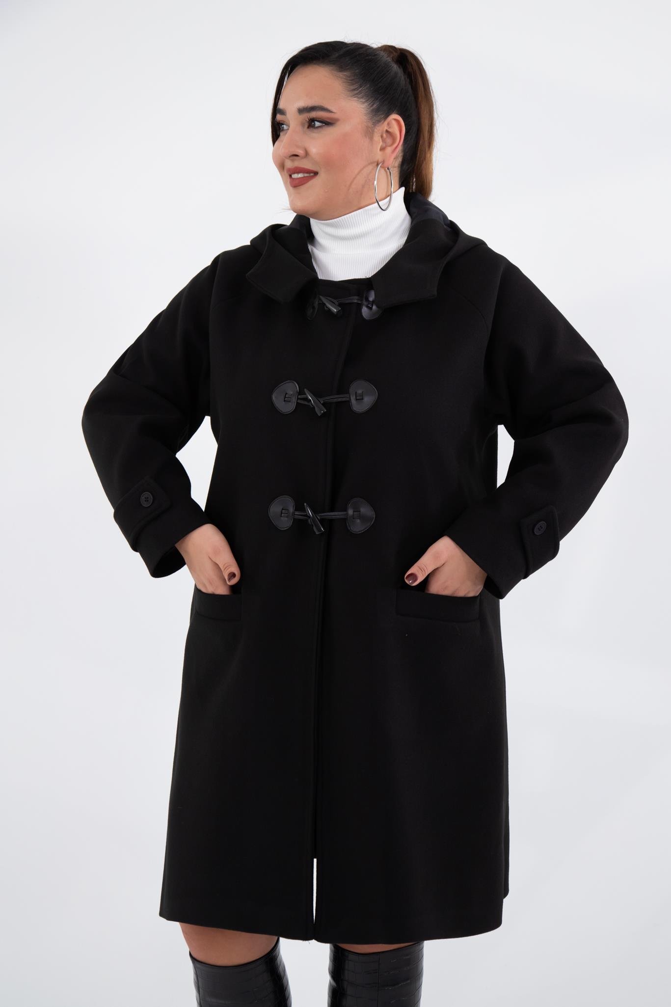 Büyük Beden 122191 Cepli-Düğme Detaylı Kaban Siyah