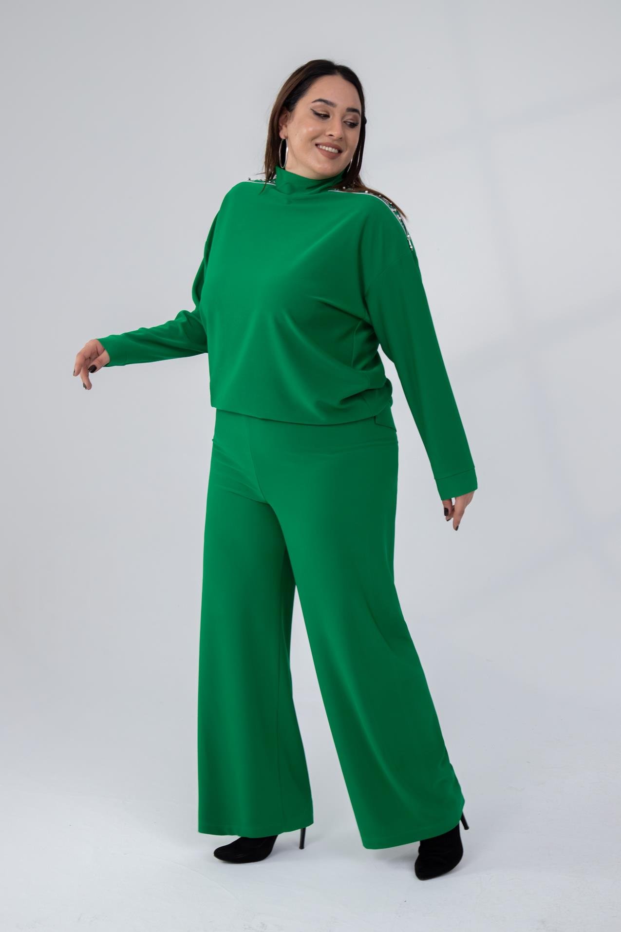Büyük Beden 122196 Omuzu Taşlı-Fermuarlı Takım  Yeşil