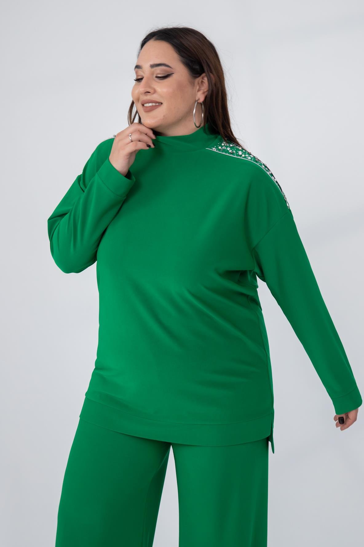 Büyük Beden 122196 Omuzu Taşlı-Fermuarlı Takım  Yeşil