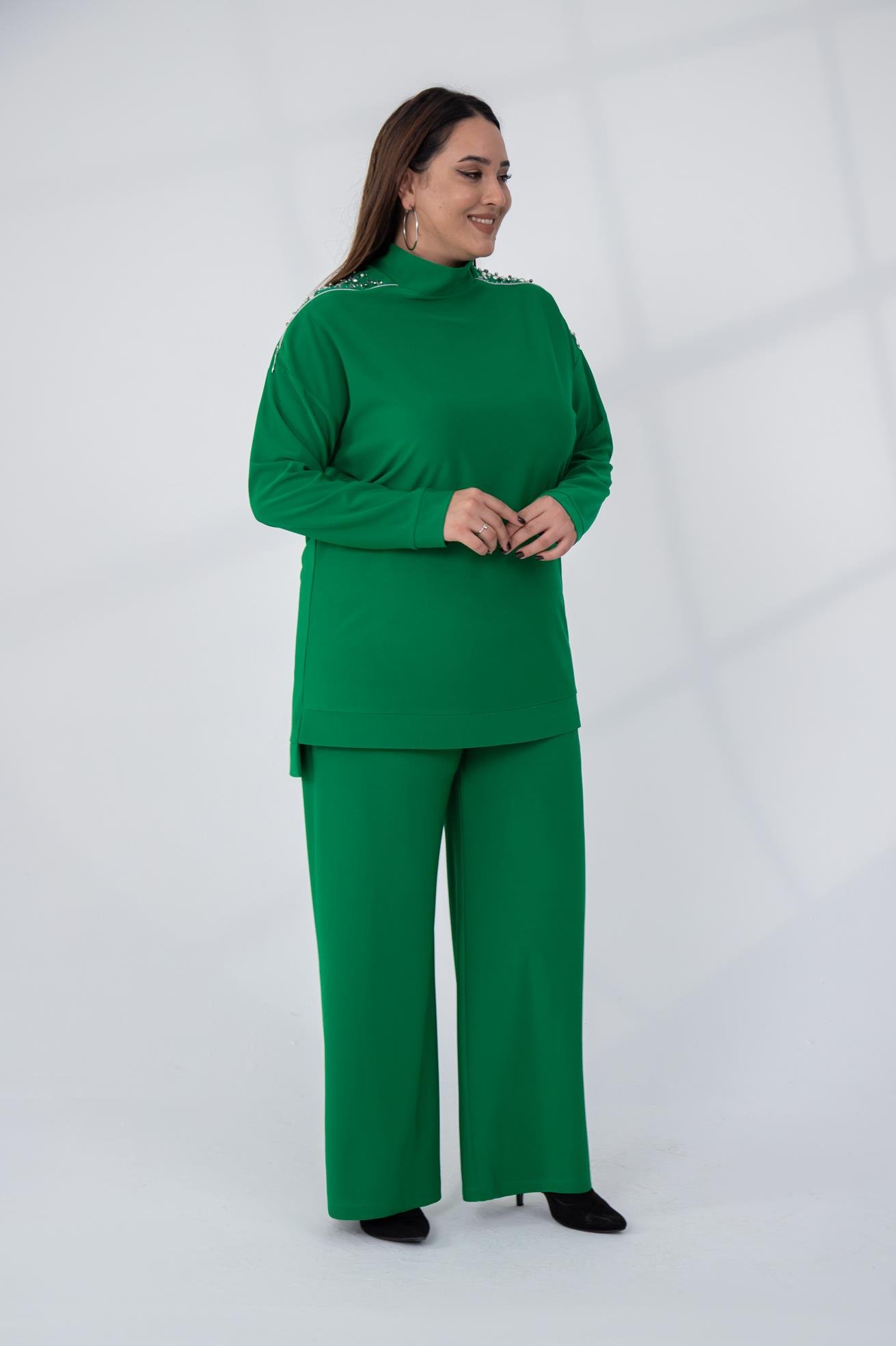 Büyük Beden 122196 Omuzu Taşlı-Fermuarlı Takım  Yeşil