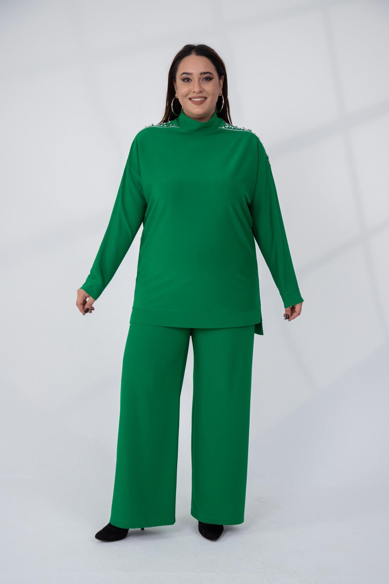 Büyük Beden 122196 Omuzu Taşlı-Fermuarlı Takım  Yeşil