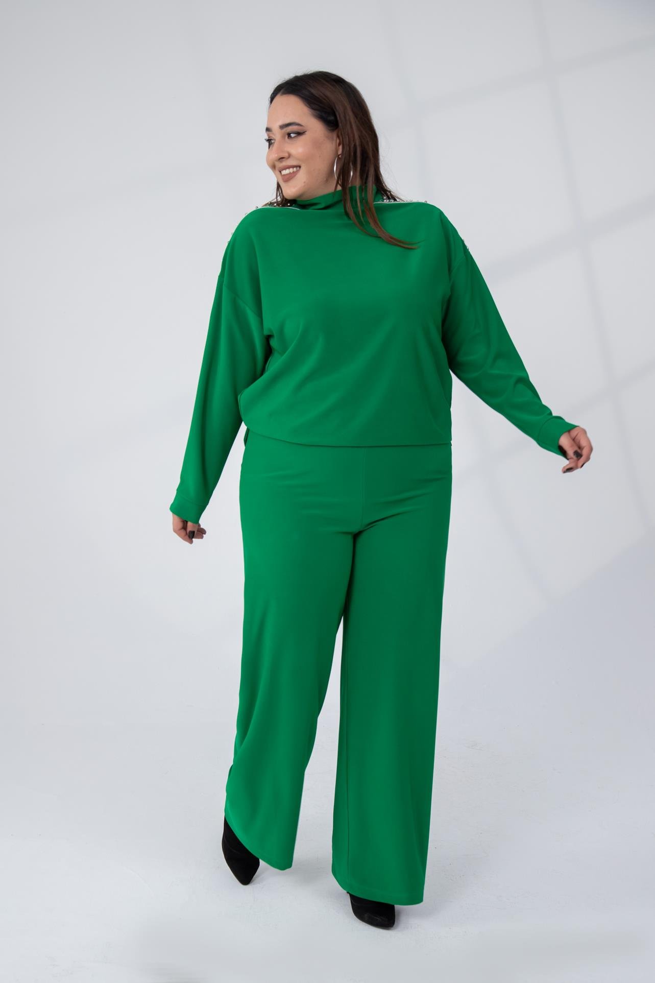 Büyük Beden 122196 Omuzu Taşlı-Fermuarlı Takım  Yeşil